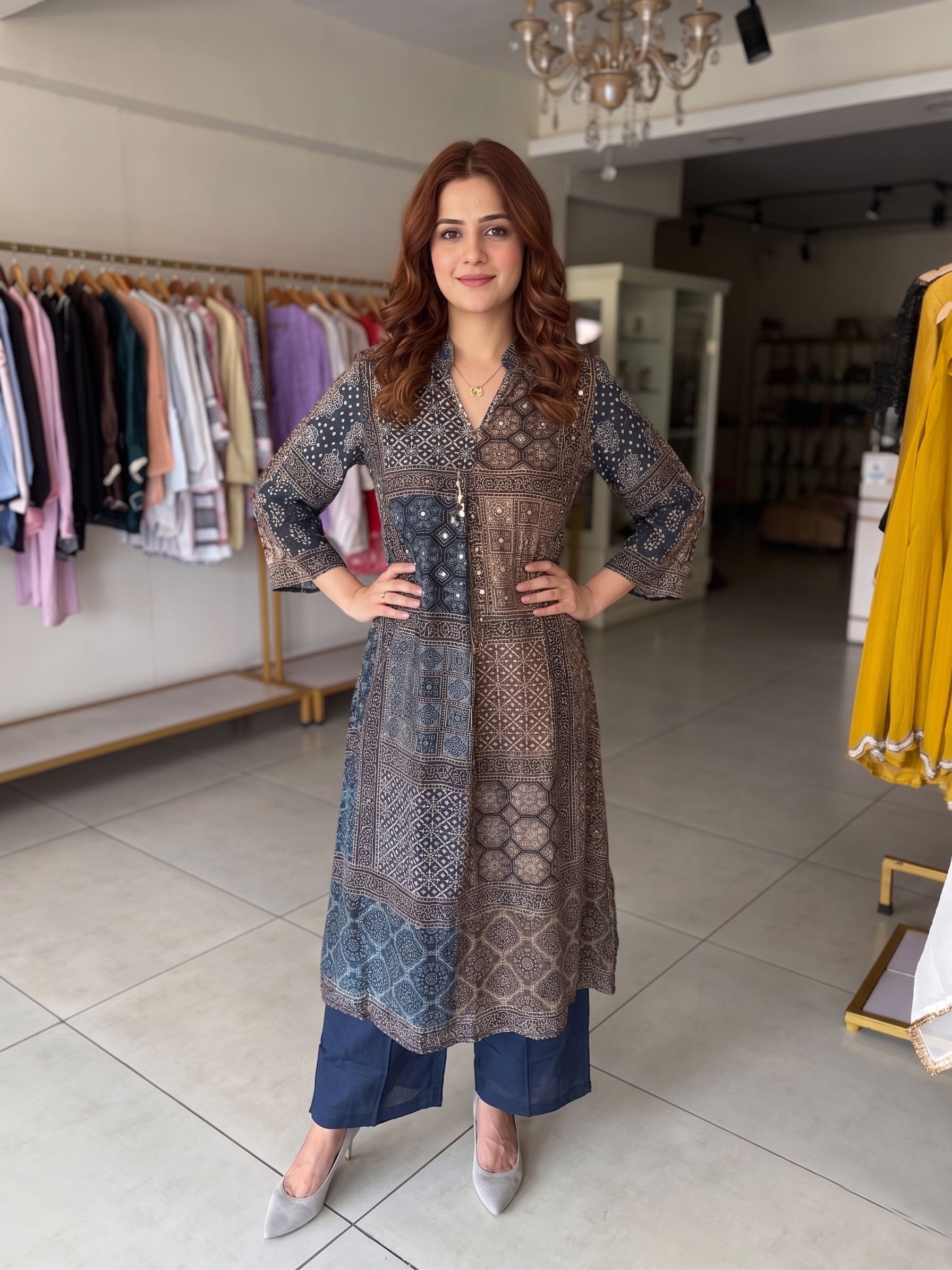 Navey blue printed Mirror Ajrak Set