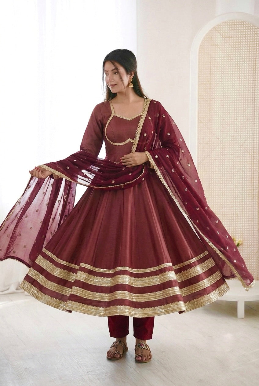 "Elegant Heavy Lace Work Designer Anarkali Three Piece Set"