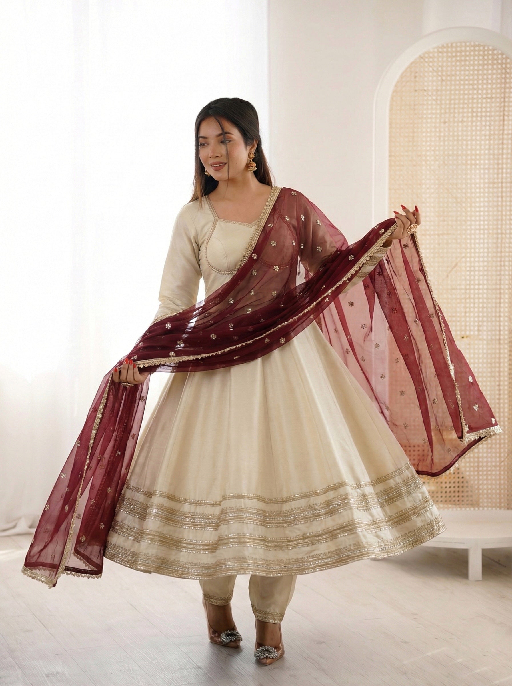 "Elegant Heavy Lace Work Designer Anarkali Three Piece Set"