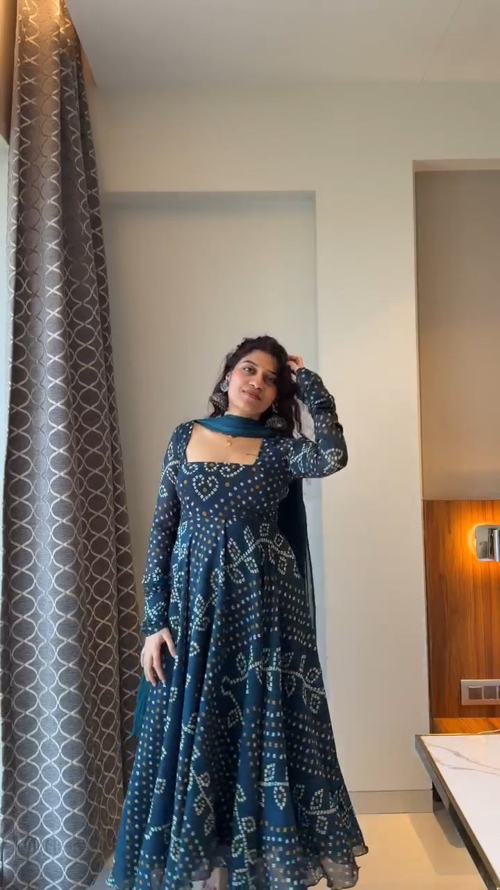 Teal Blue Printed Anarkali Suit Set with Dupatta