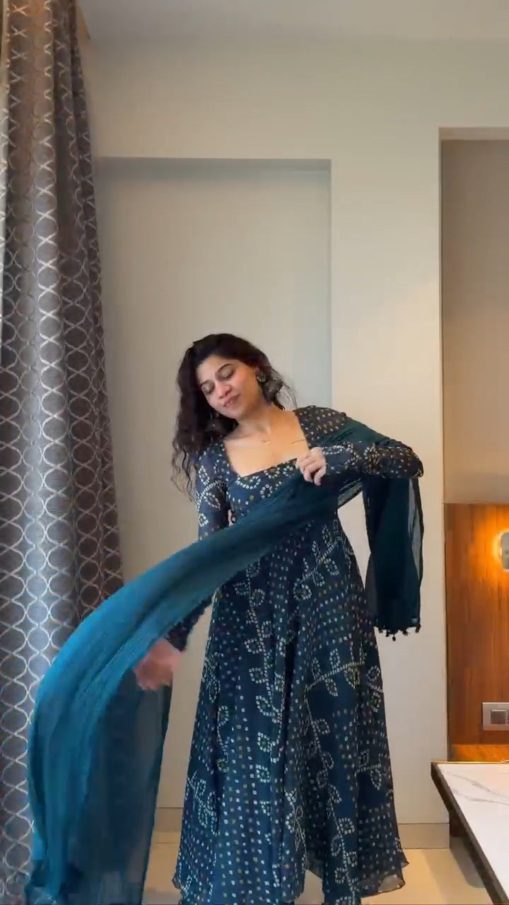 Teal Blue Printed Anarkali Suit Set with Dupatta