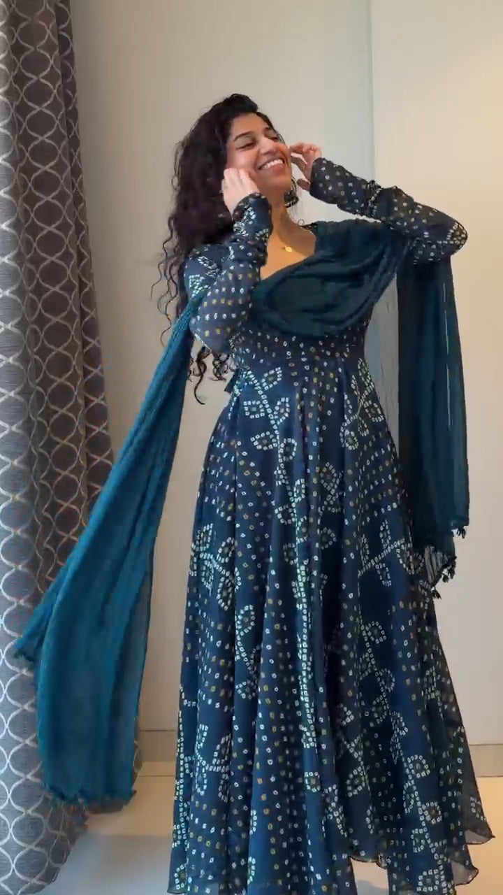 Teal Blue Printed Anarkali Suit Set with Dupatta
