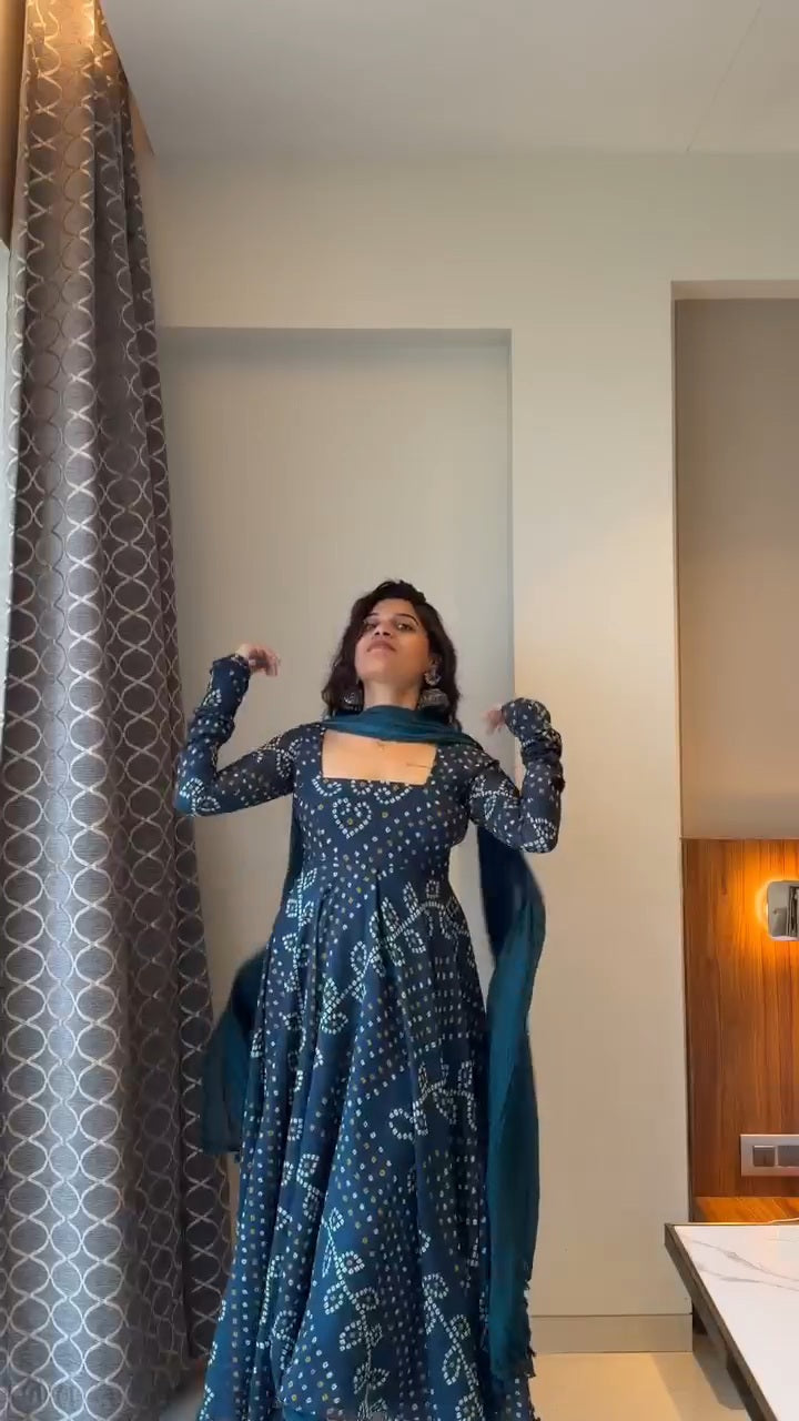 Teal Blue Printed Anarkali Suit Set with Dupatta
