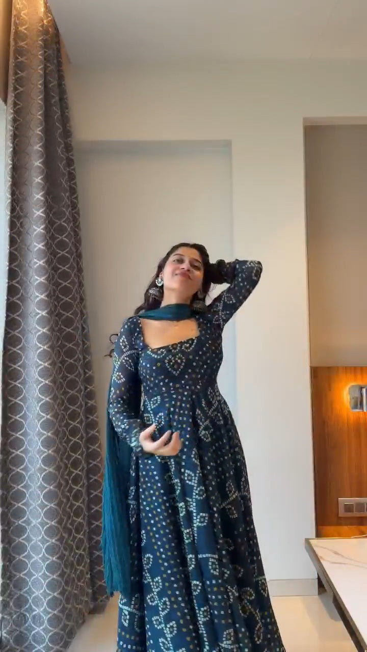 Teal Blue Printed Anarkali Suit Set with Dupatta