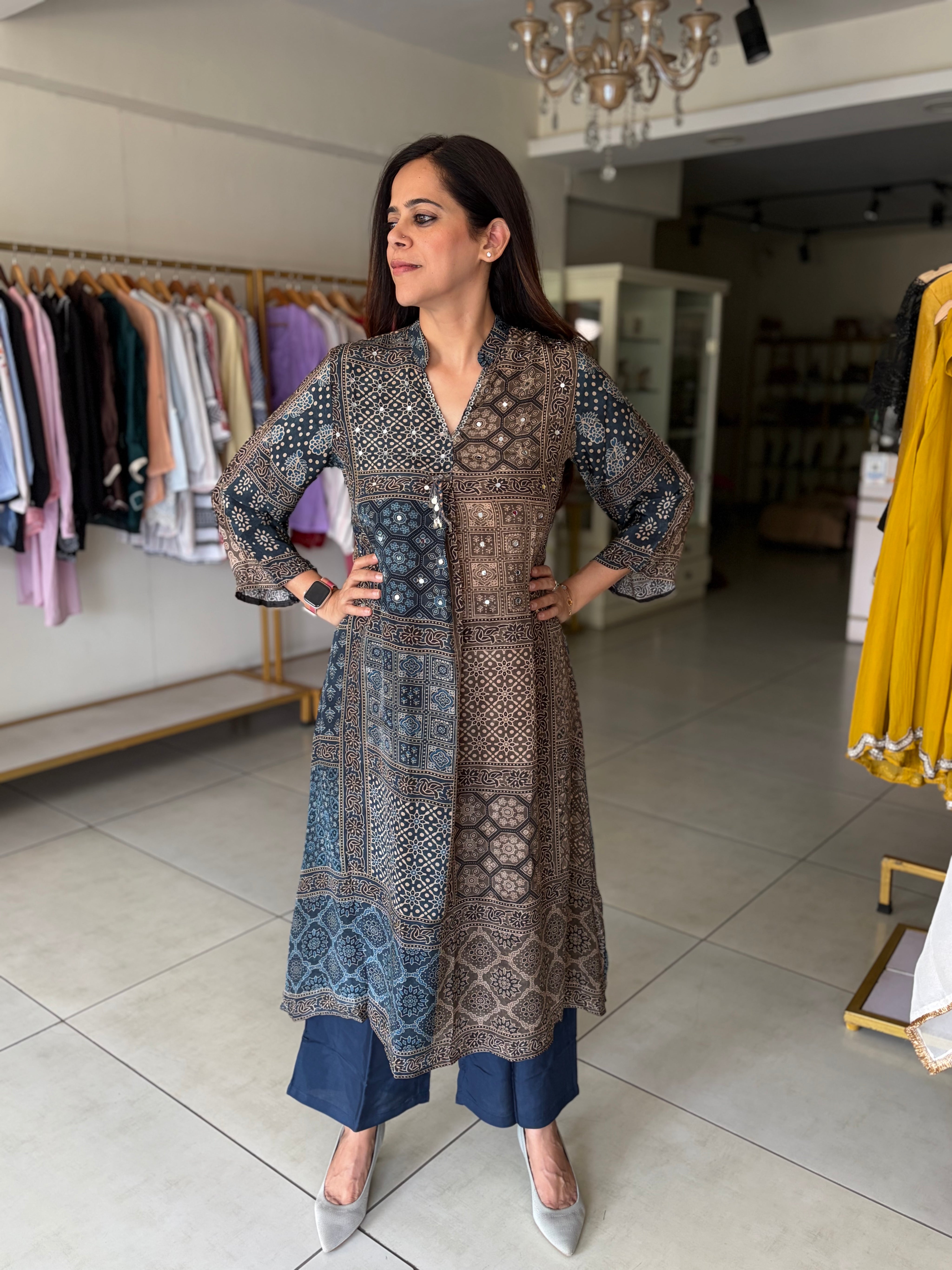 Navey blue printed Mirror Ajrak Set Leffy-clothing Navey blue printed Mirror Ajrak Set Leffy-clothing