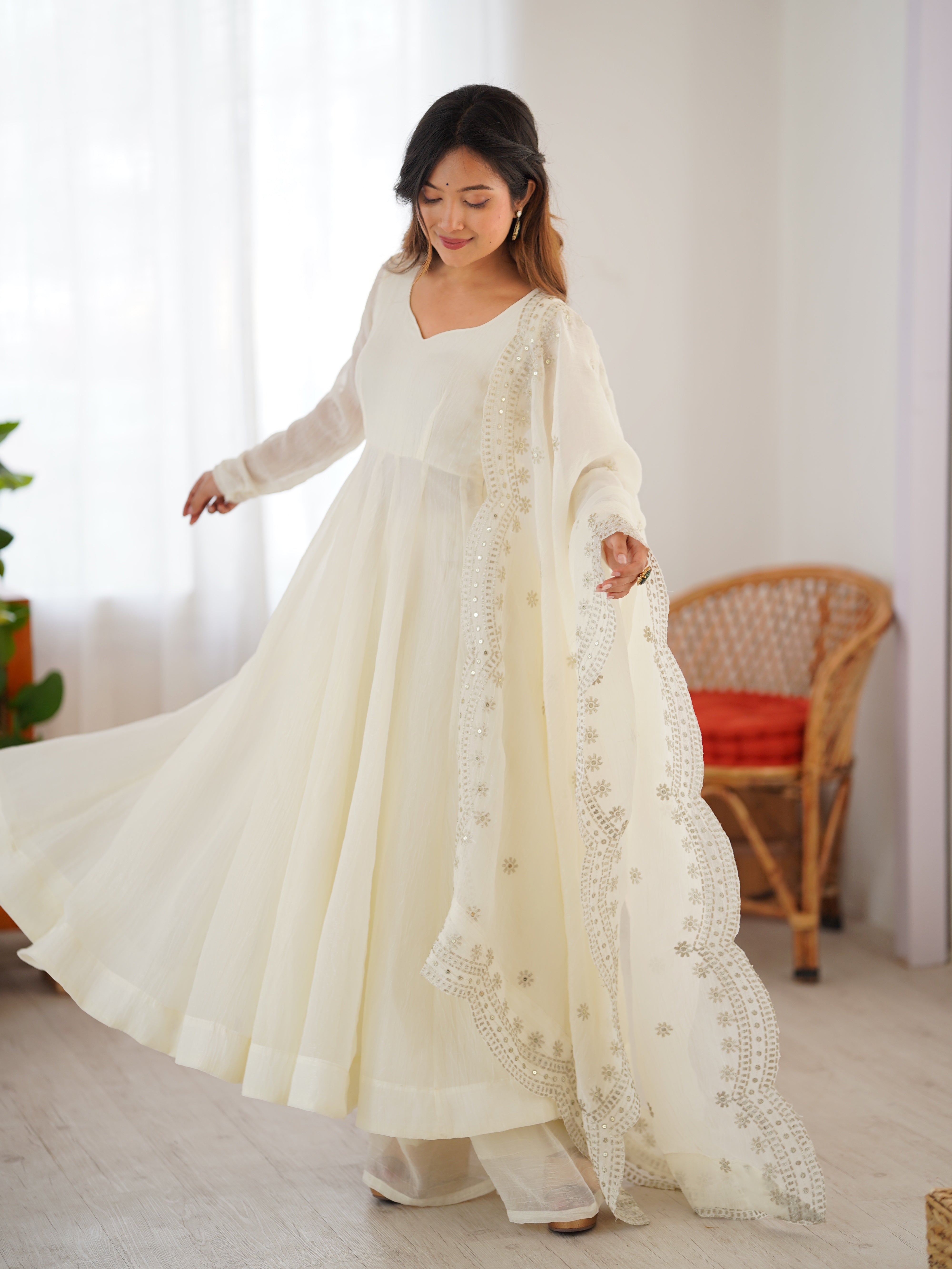 Ivory Embroidered Anarkali Set