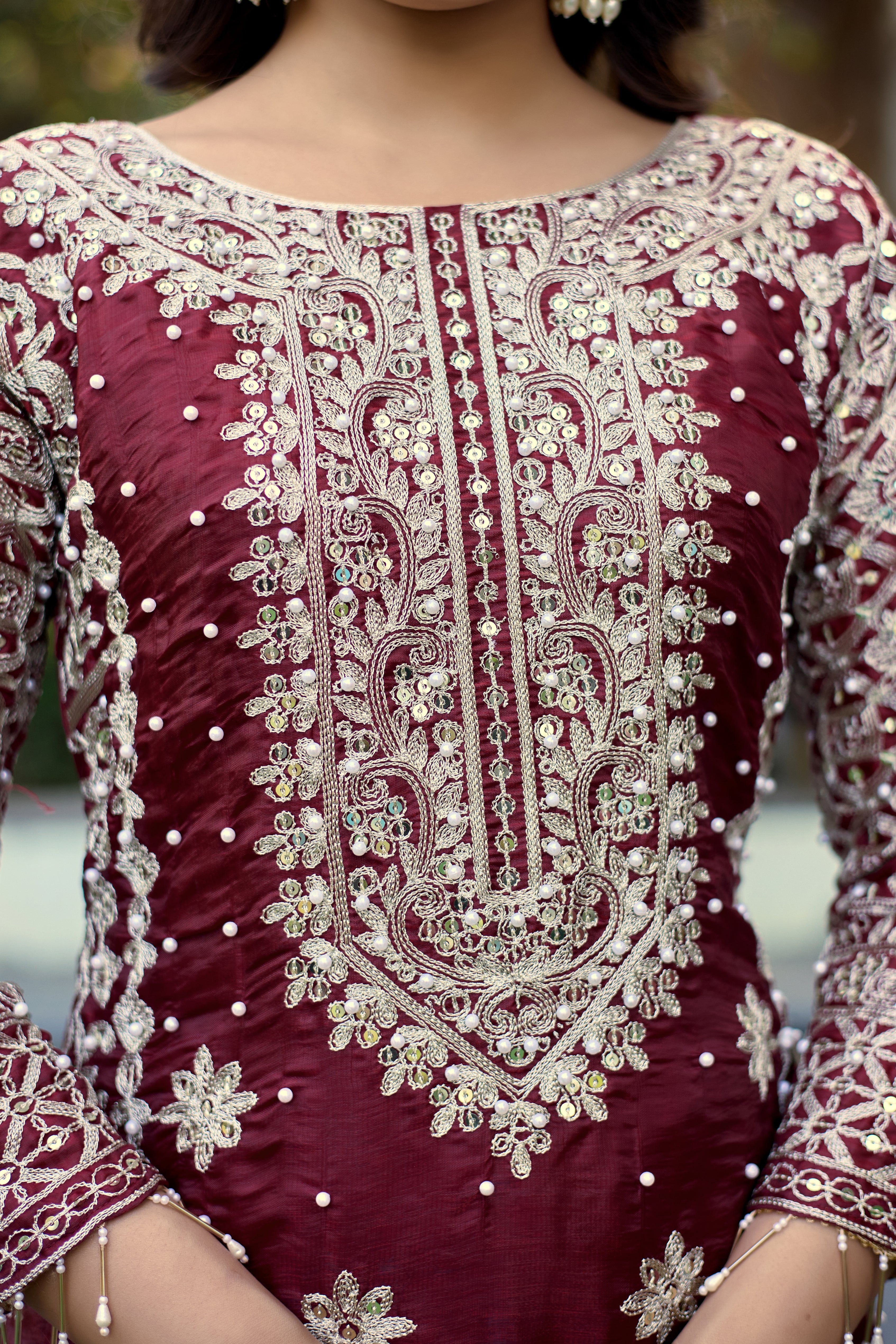 Elegant Maroon Embroidered coding Suit Set