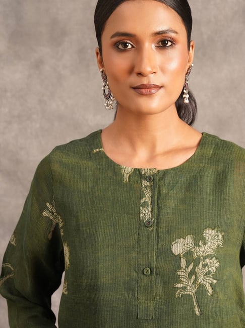 Olive Botanical Print Ethnic Co-Ord Set for Women