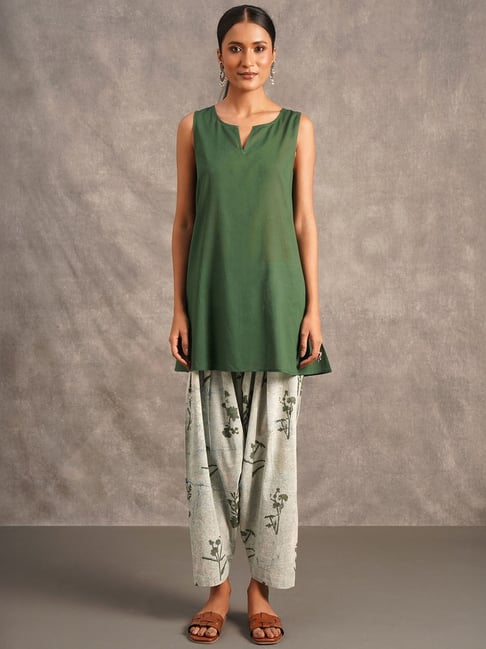 Olive Botanical Print Ethnic Co-Ord Set for Women