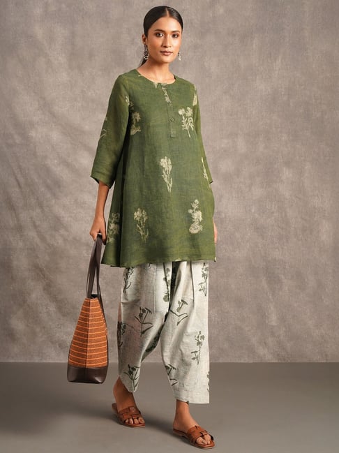 Olive Botanical Print Ethnic Co-Ord Set for Women