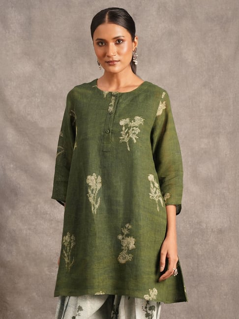 Olive Botanical Print Ethnic Co-Ord Set for Women