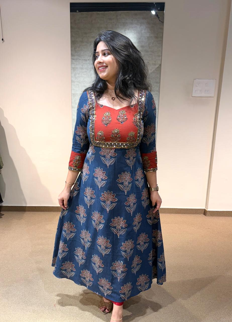 Ajrakh Aline Kurtis With Hand Mirror Work