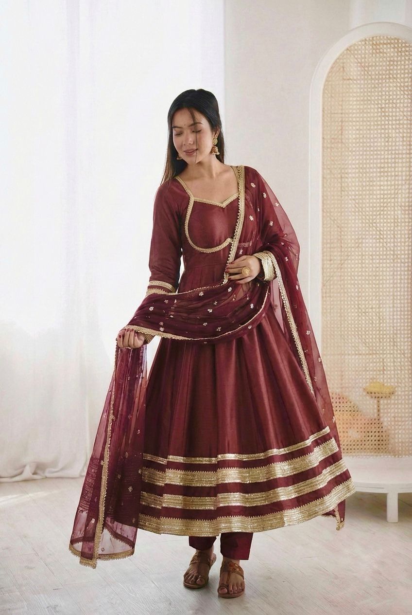 "Elegant Heavy Lace Work Designer Anarkali Three Piece Set"