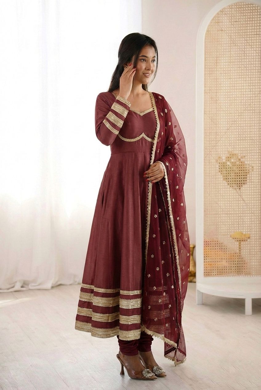 "Elegant Heavy Lace Work Designer Anarkali Three Piece Set"