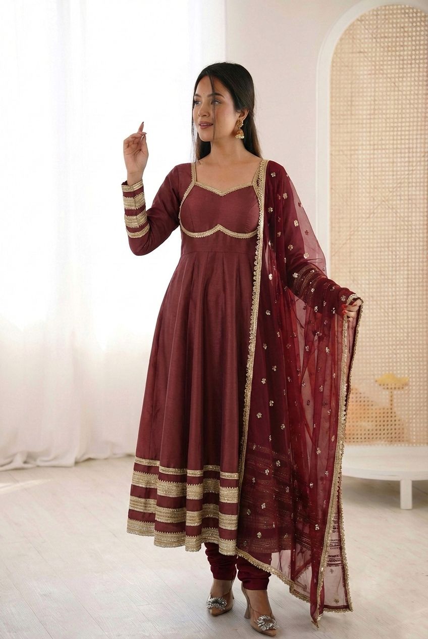 "Elegant Heavy Lace Work Designer Anarkali Three Piece Set"