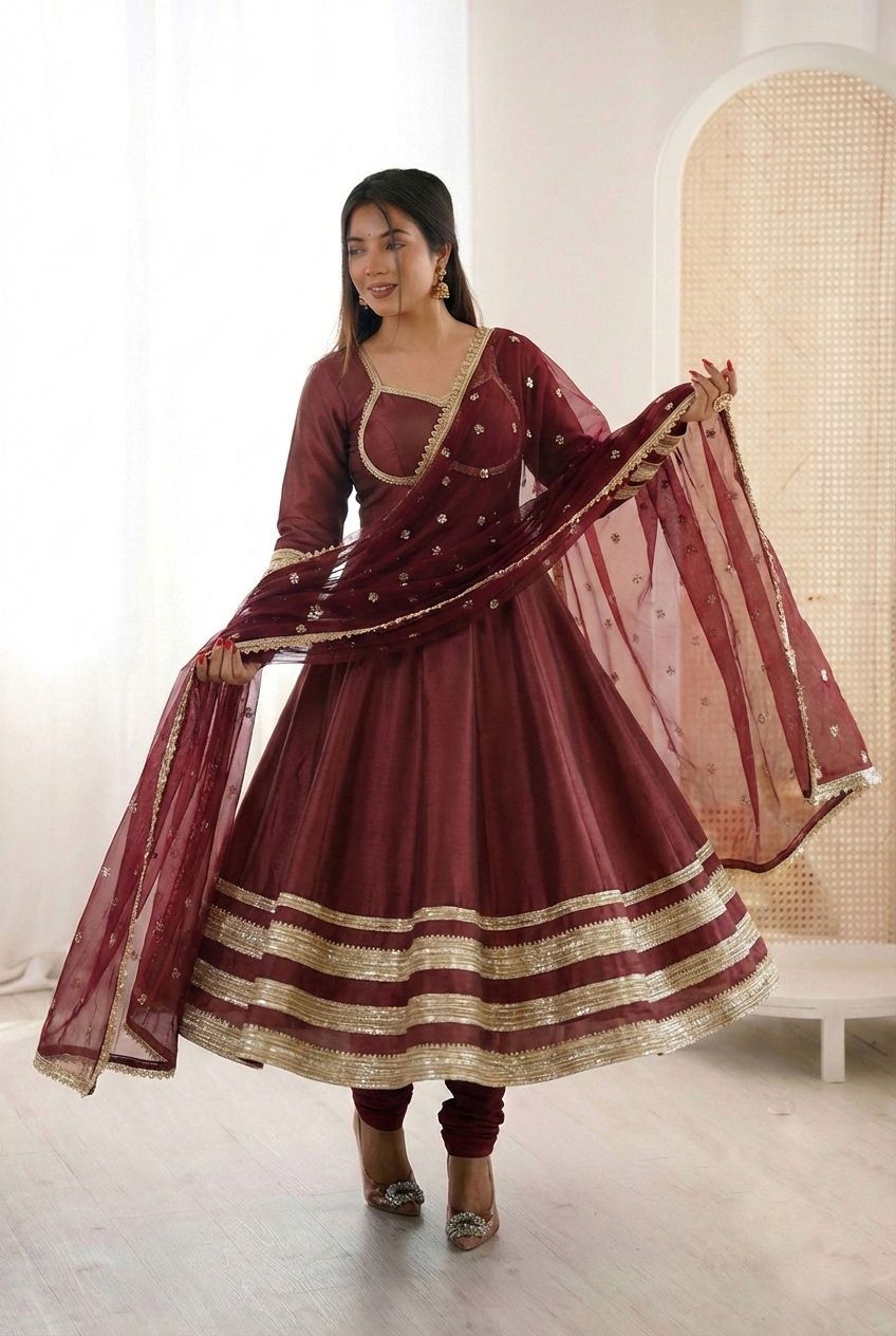 "Elegant Heavy Lace Work Designer Anarkali Three Piece Set"