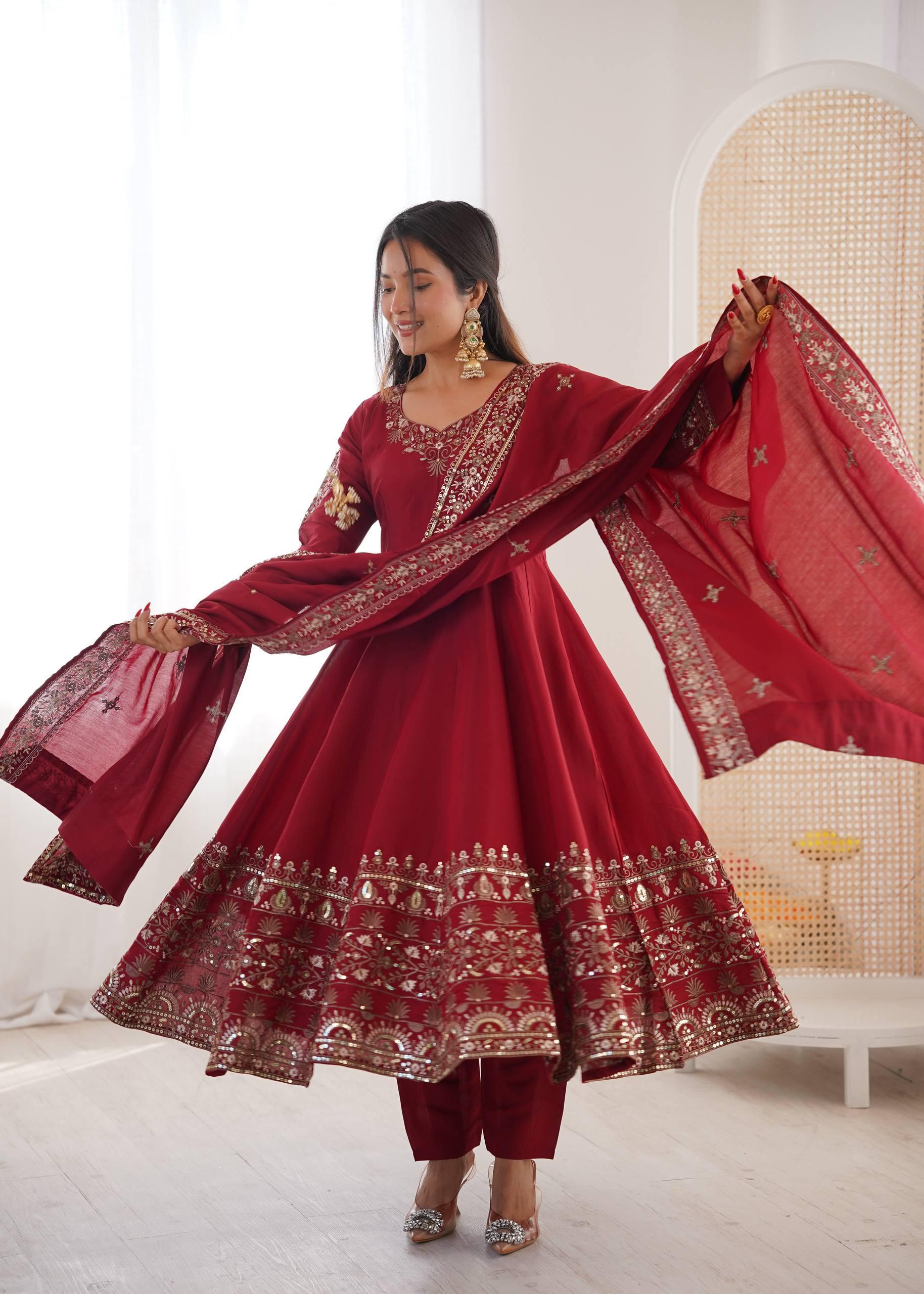 "Elegant Embroidered Sequence Designer Anarkali Three Piece Set"