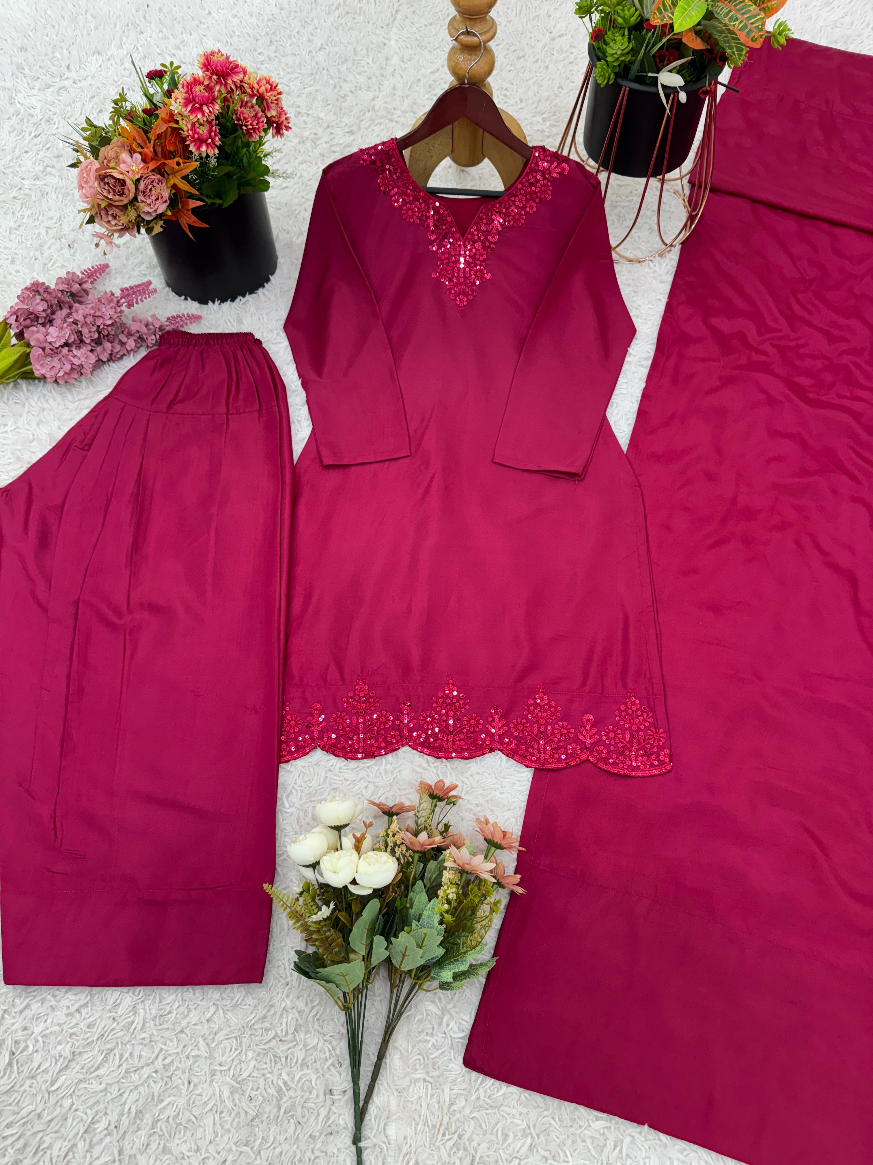 Piece Of Natural Crep Silk Top-Bottom And Dupatta Set Fully Stitched