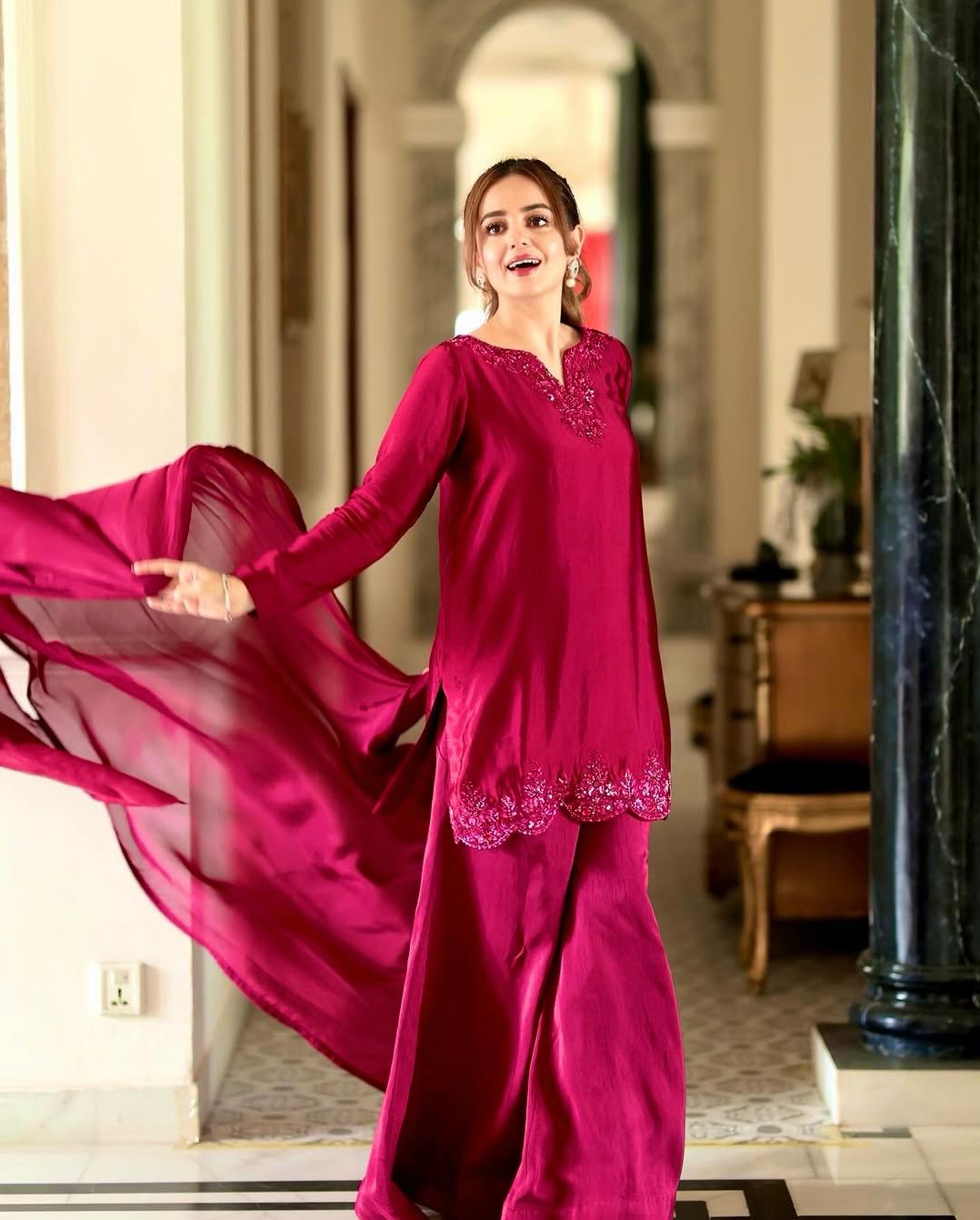 Piece Of Natural Crep Silk Top-Bottom And Dupatta Set Fully Stitched
