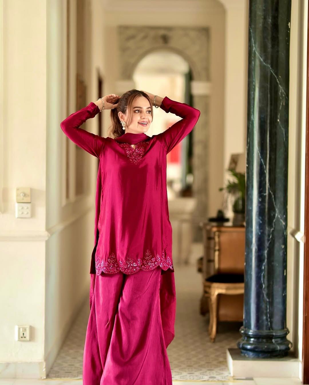 Piece Of Natural Crep Silk Top-Bottom And Dupatta Set Fully Stitched