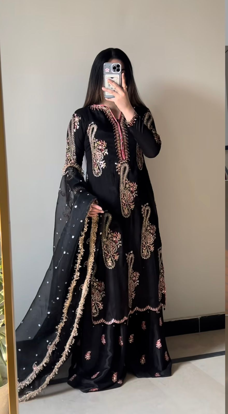 Black Heavy Pure Chinnon With Embroidery Sequence Work