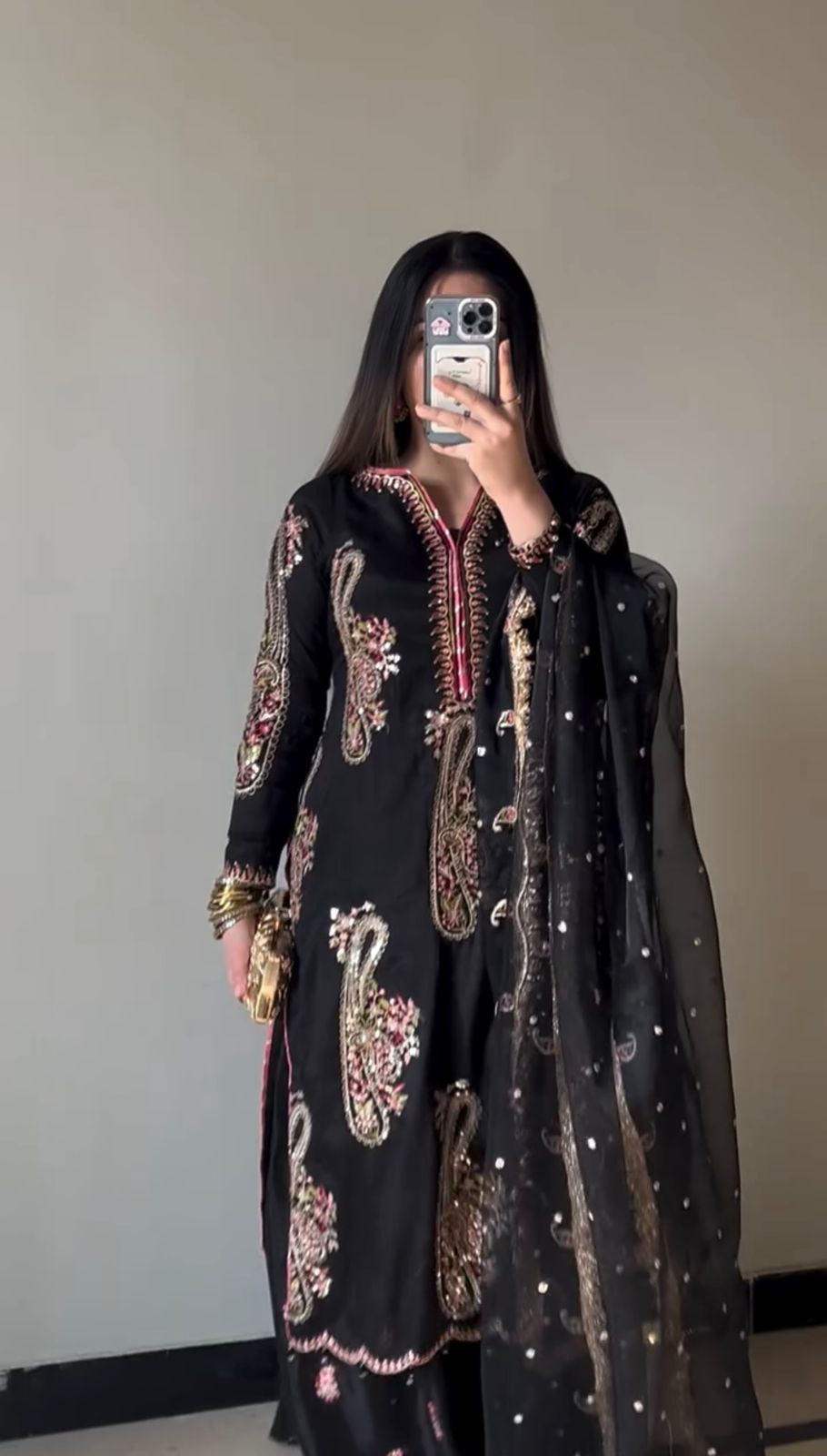 Black Heavy Pure Chinnon With Embroidery Sequence Work