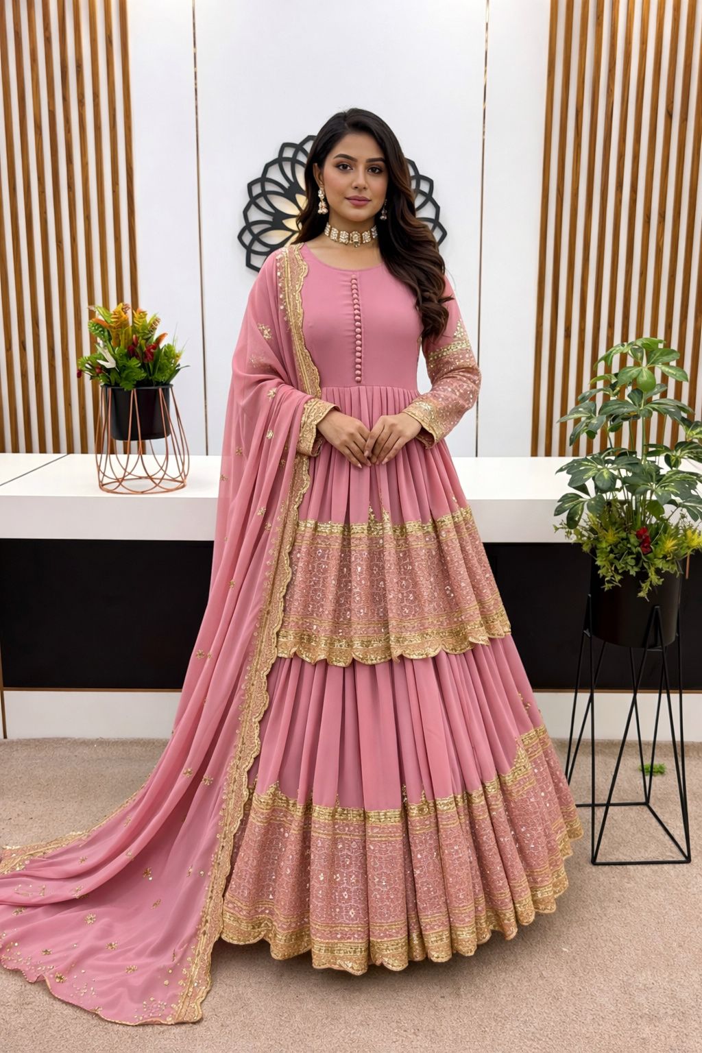 Faux Georgette With Heavy 5mm Embroidery Sequence Work With  Sleeves