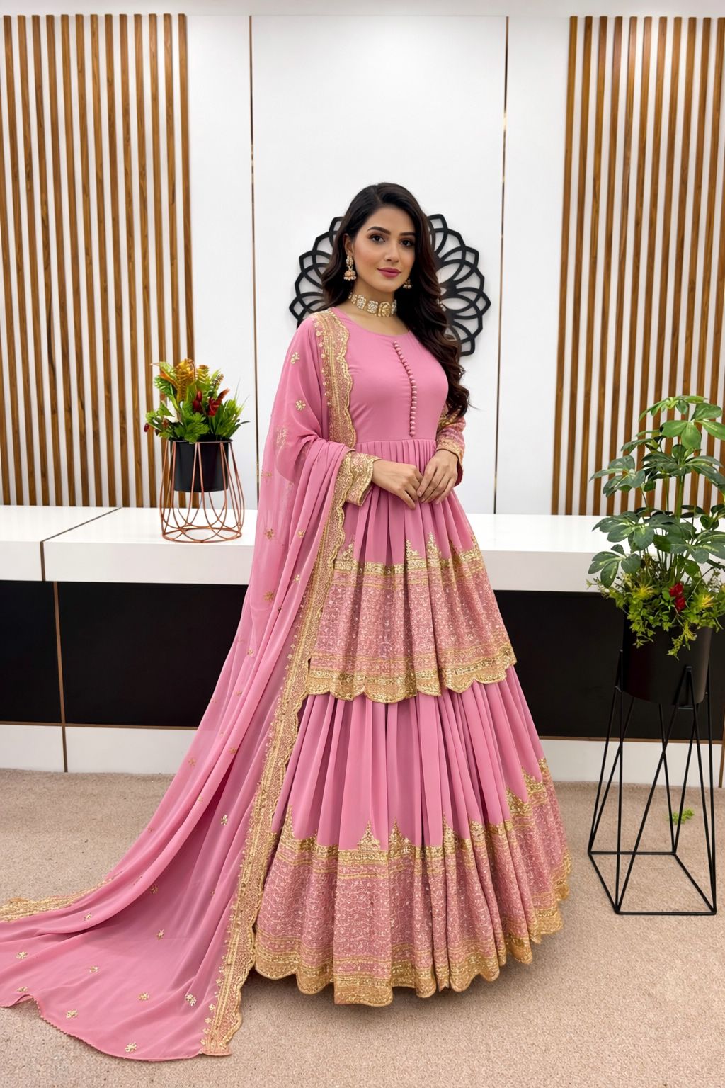 Faux Georgette With Heavy 5mm Embroidery Sequence Work With  Sleeves