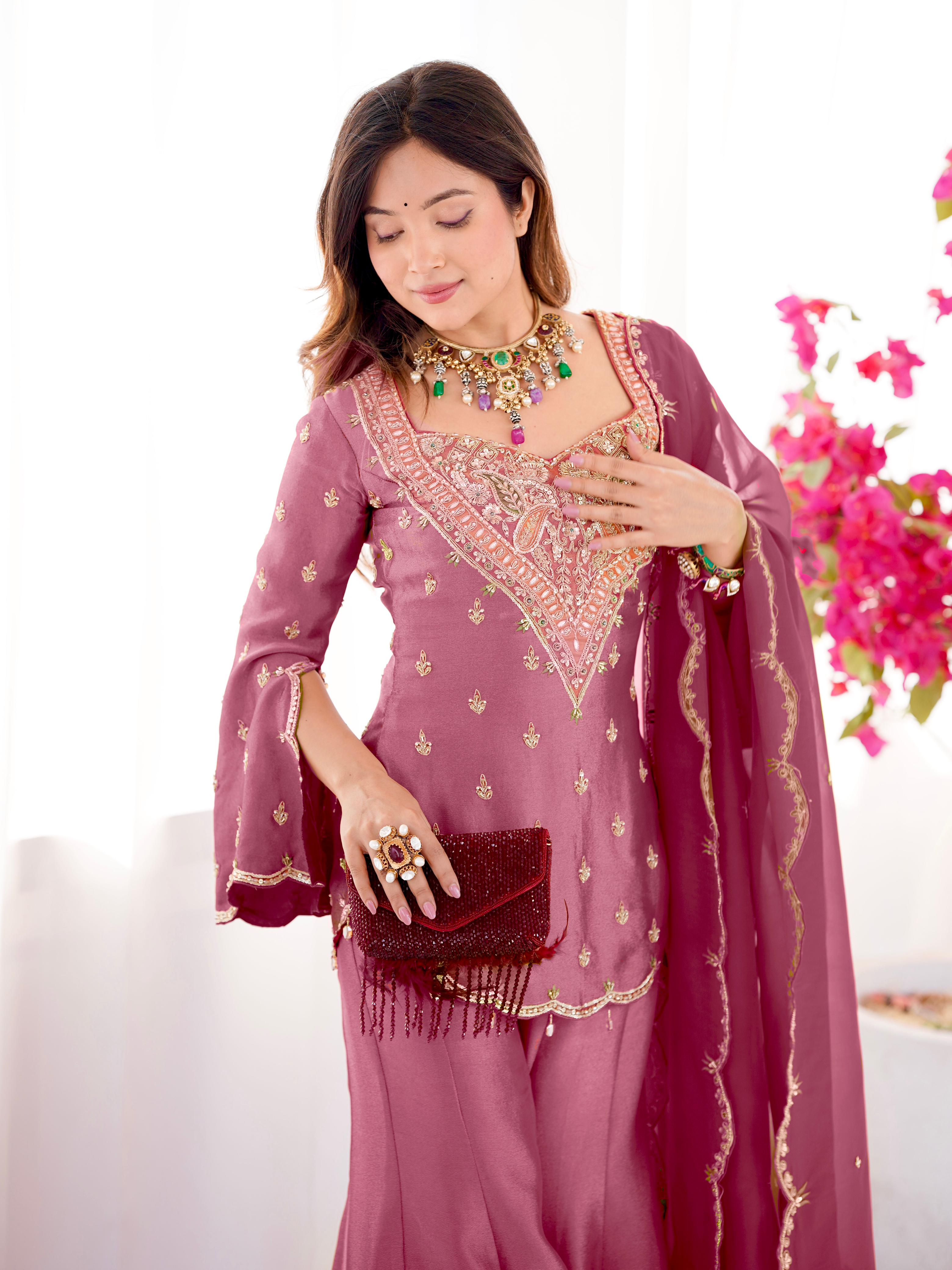 Simar Silk With Embroidery Work Top-Bottom And Dupatta Set