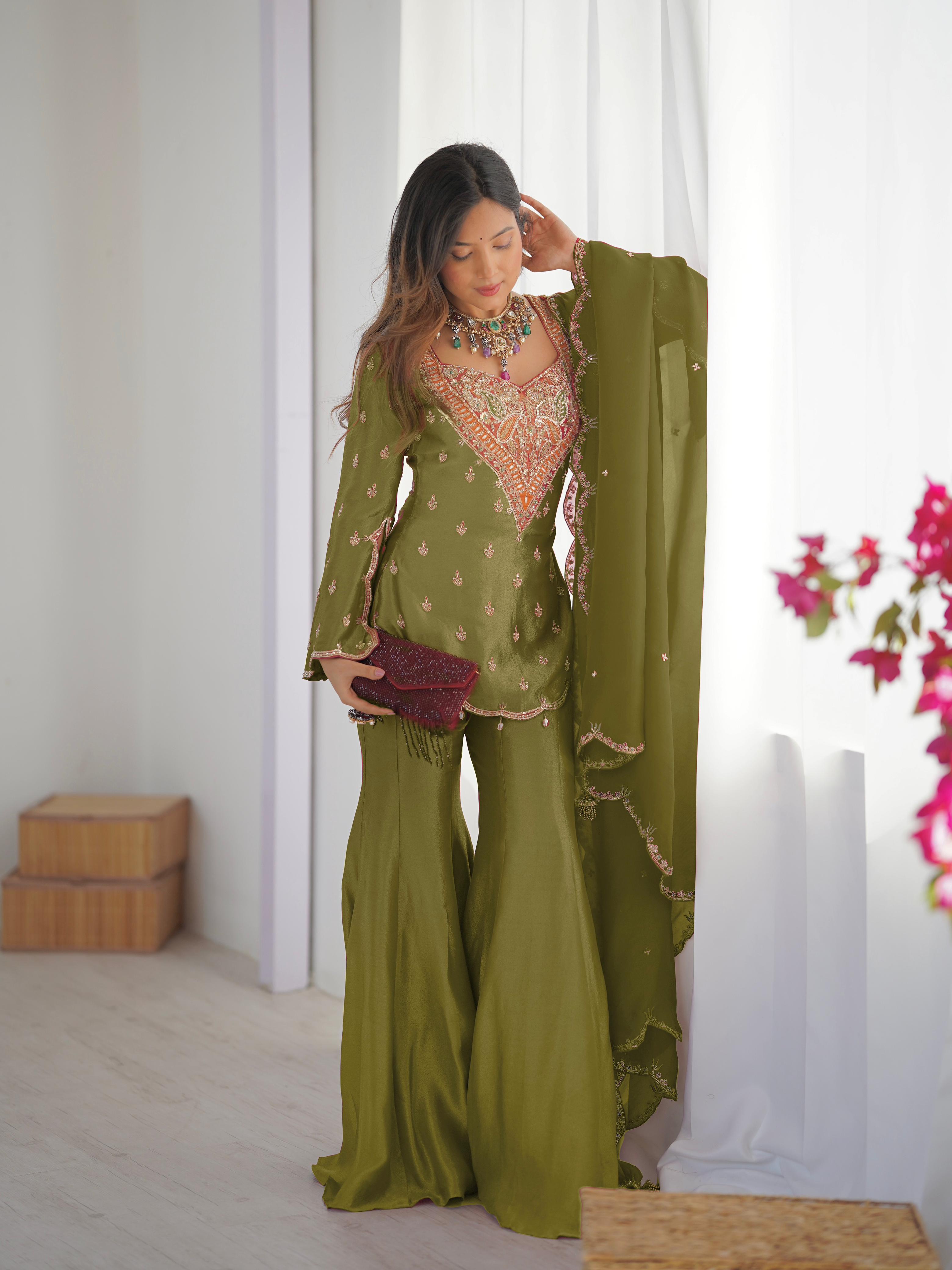 Simar Silk With Embroidery Work Top-Bottom And Dupatta Set