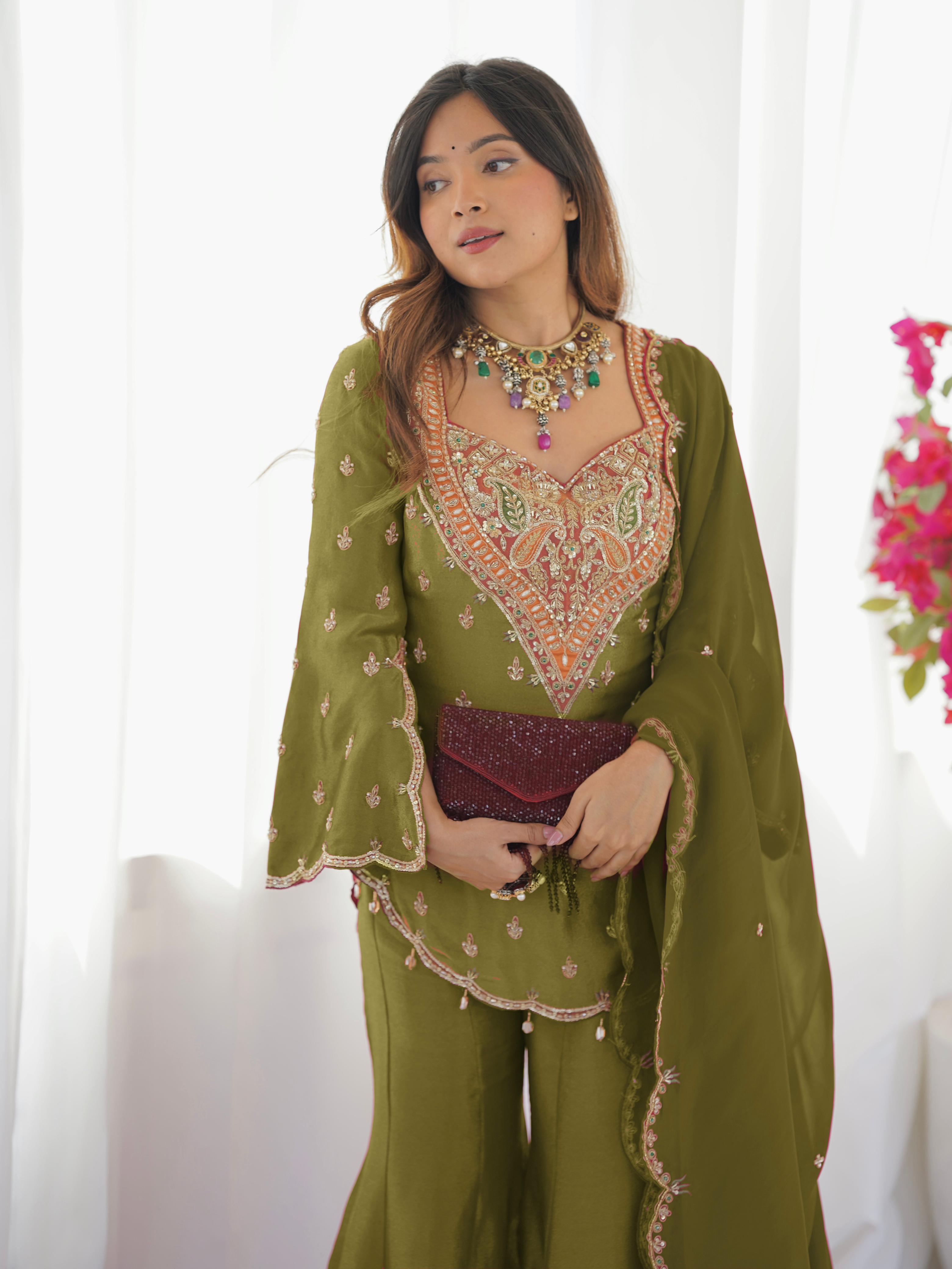Simar Silk With Embroidery Work Top-Bottom And Dupatta Set