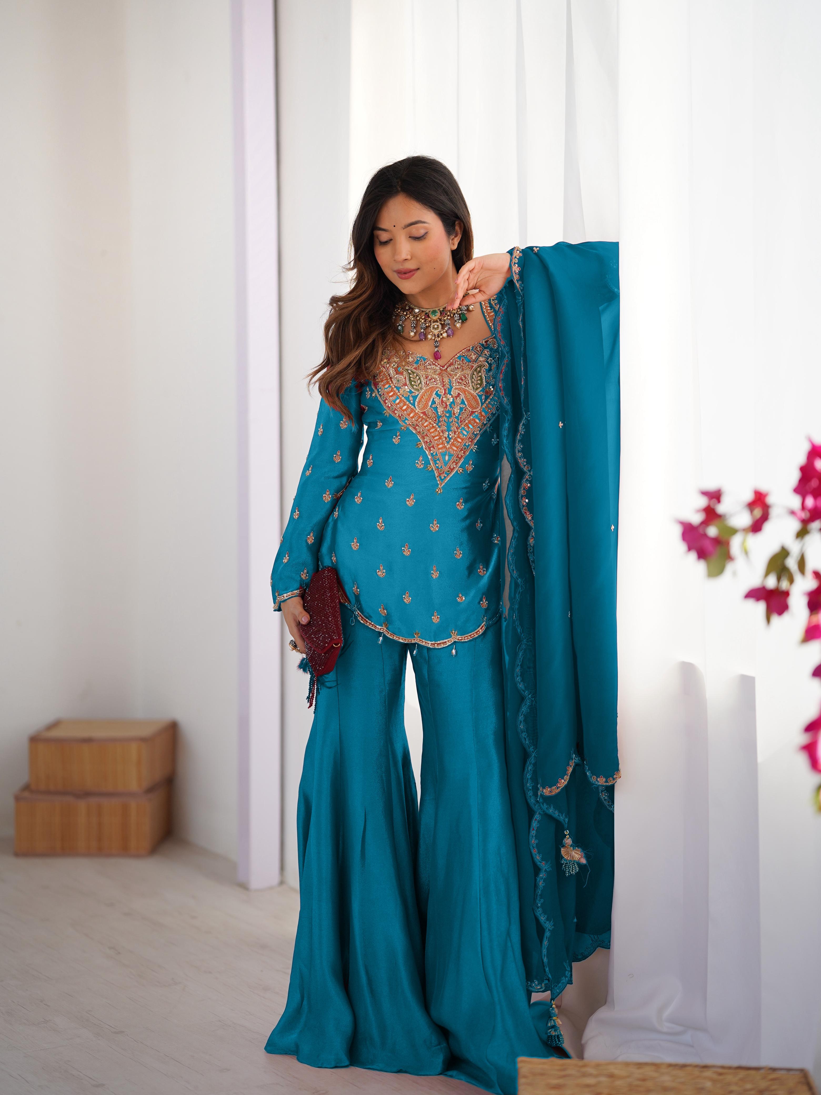Simar Silk With Embroidery Work Top-Bottom And Dupatta Full Set