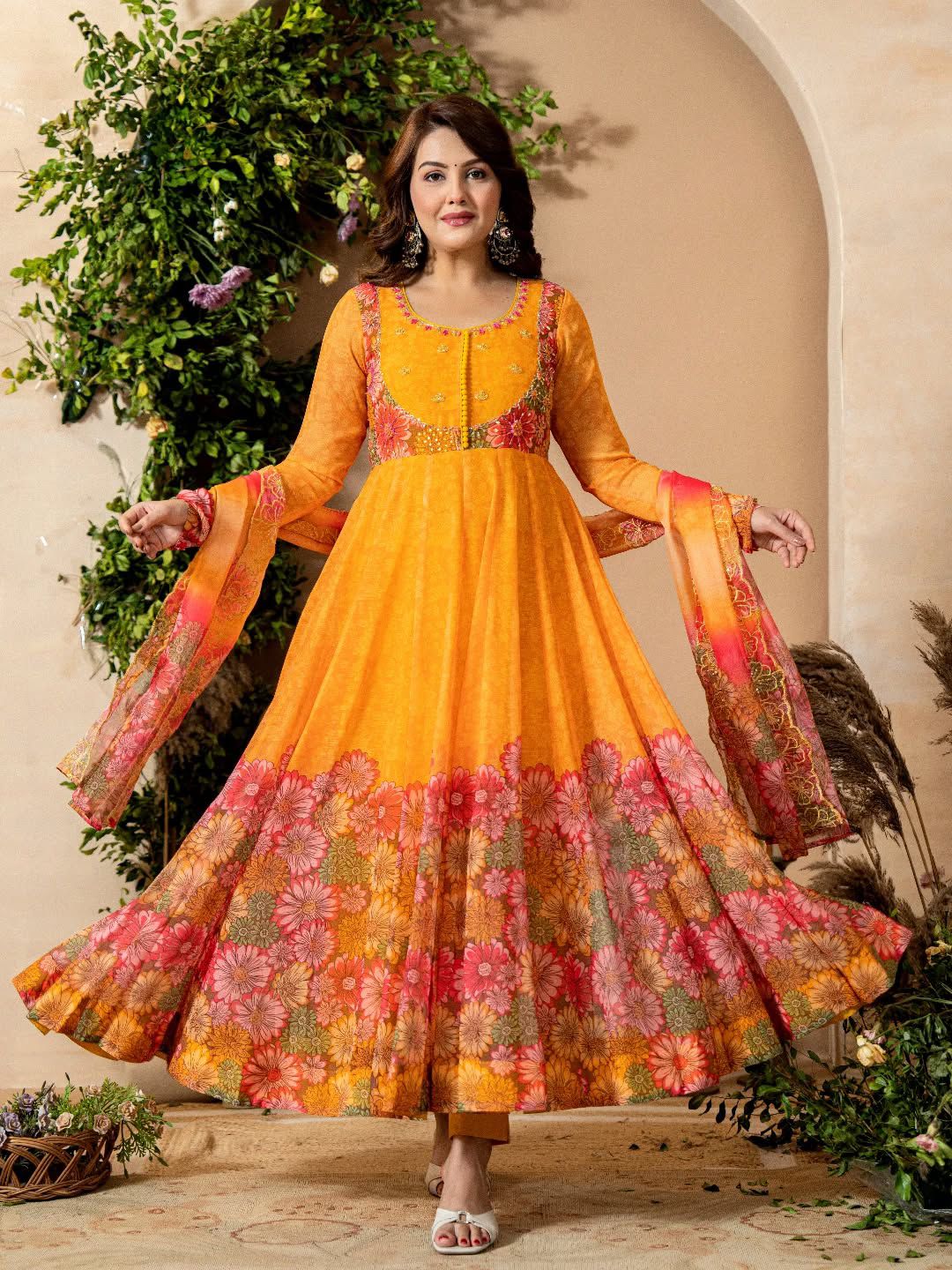 Tebby Orgenza With Embroidery Sequence Work With Digital Print