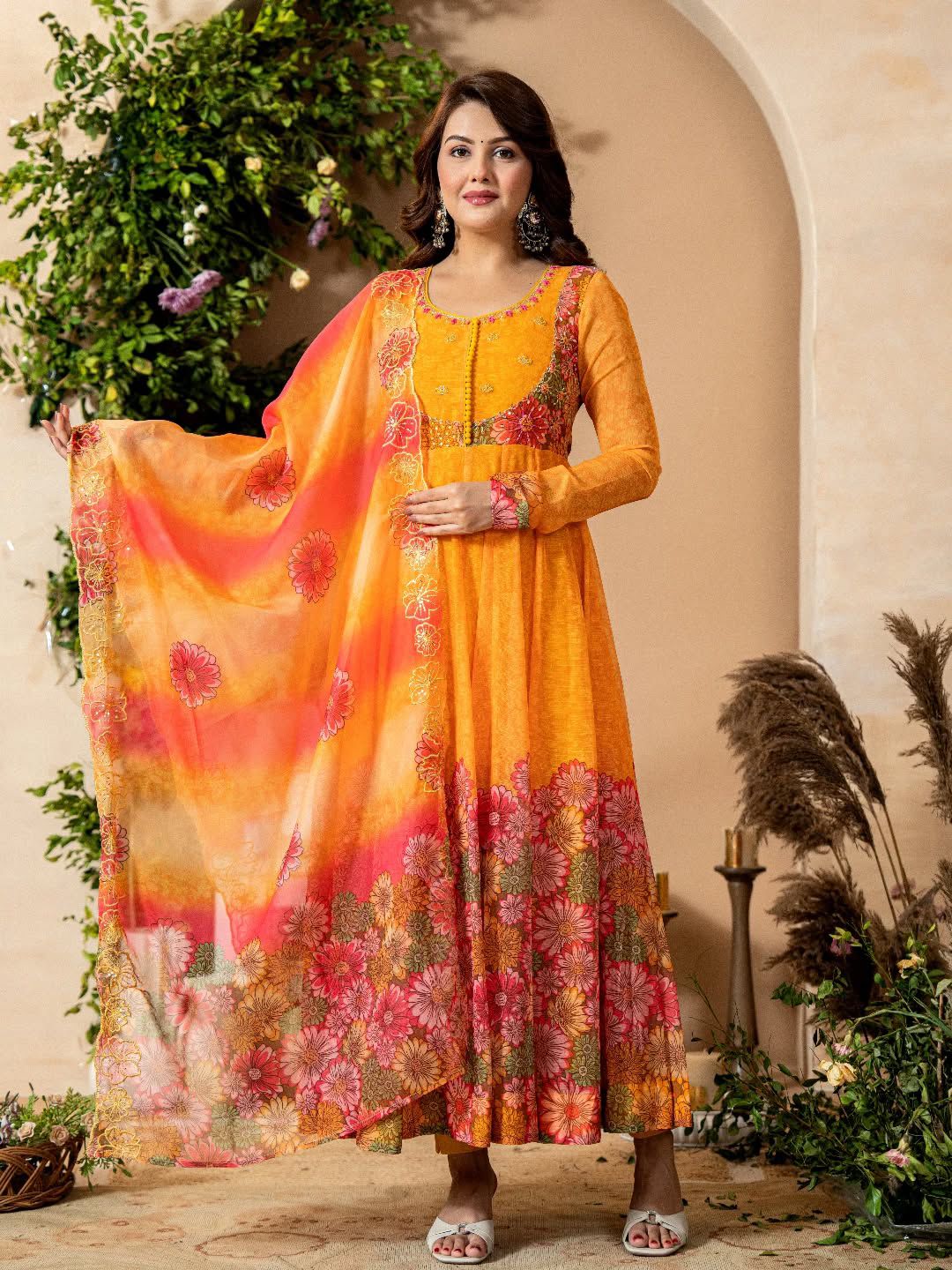Tebby Orgenza With Embroidery Sequence Work With Digital Print