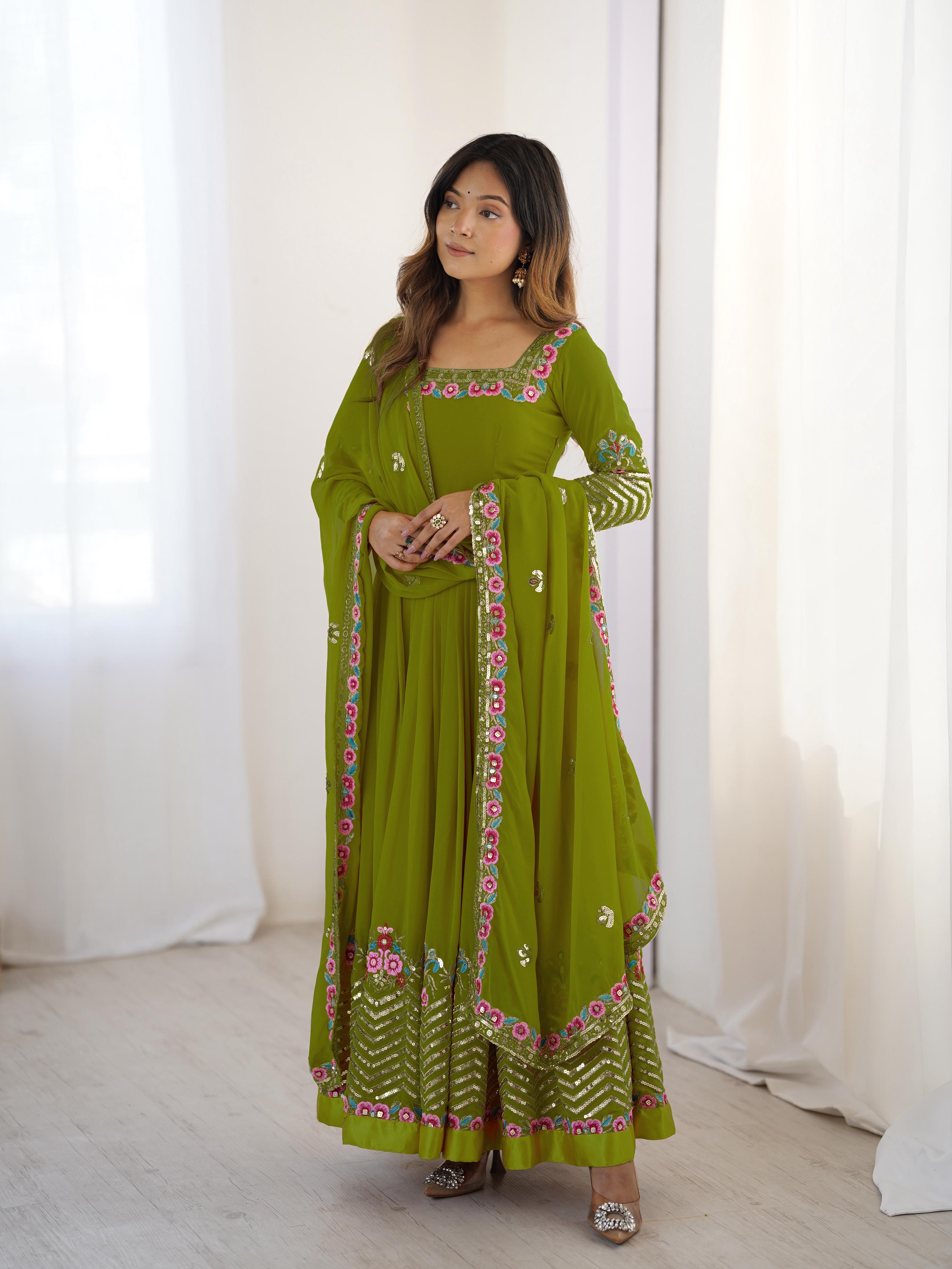 Elegant Embroidered Sequence Designer Anarkali Three Piece Set"