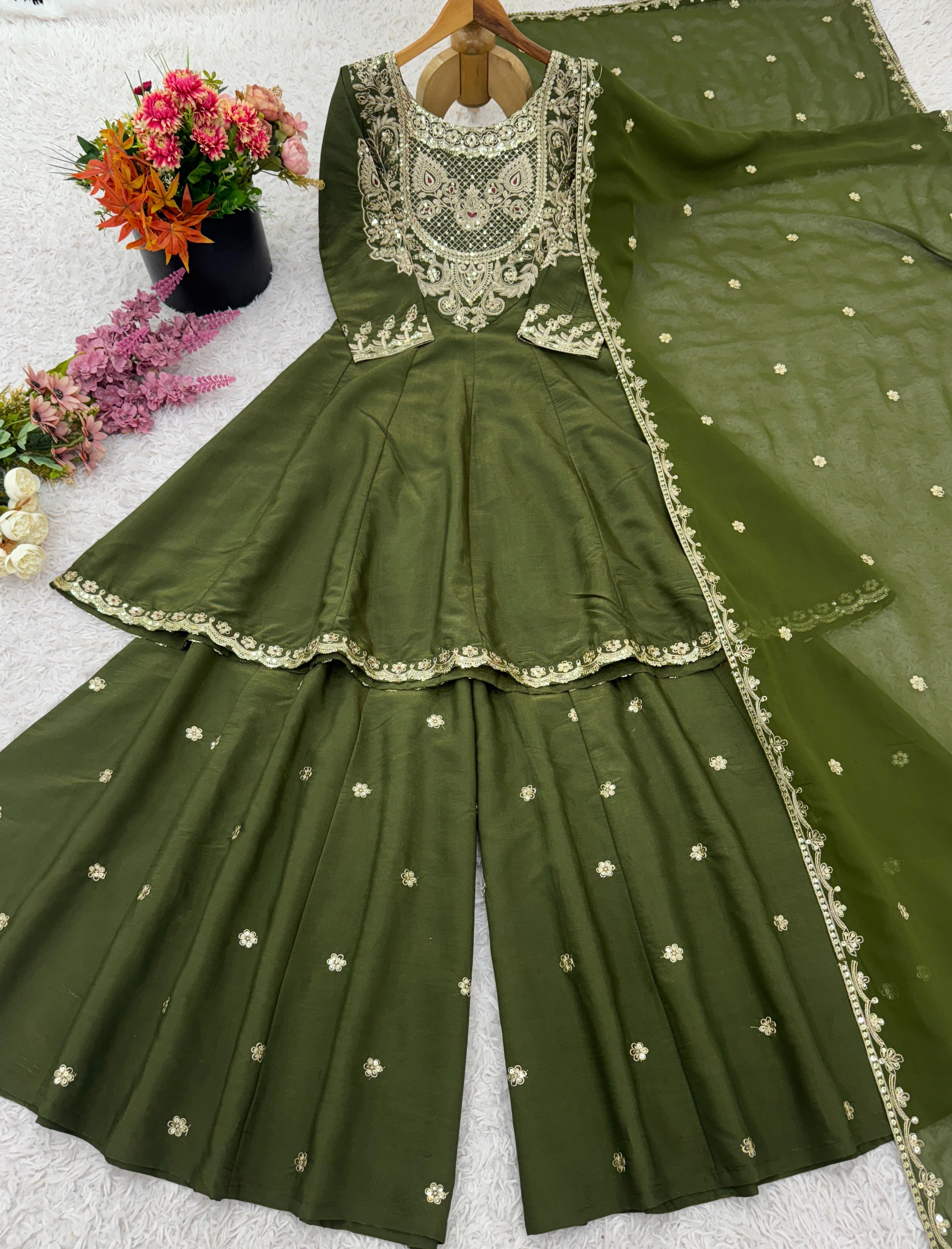 French Crep Silk Top-Bottom And Dupatta Set Fully Stitched