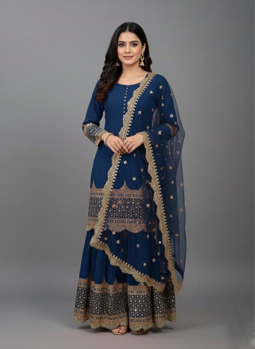"Elegant Embroidered Sequence Designer Sharara Set"