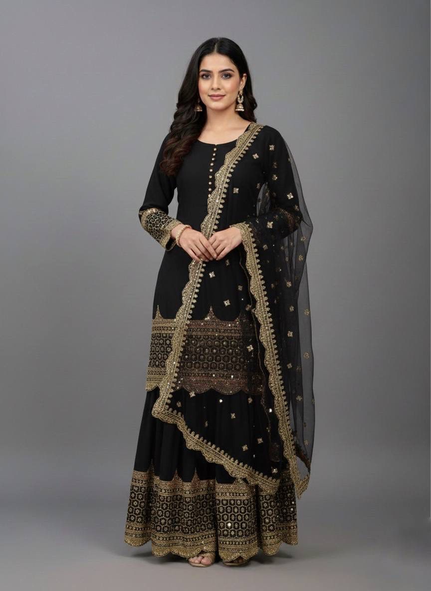 "Elegant Embroidered Sequence Designer Sharara Set"
