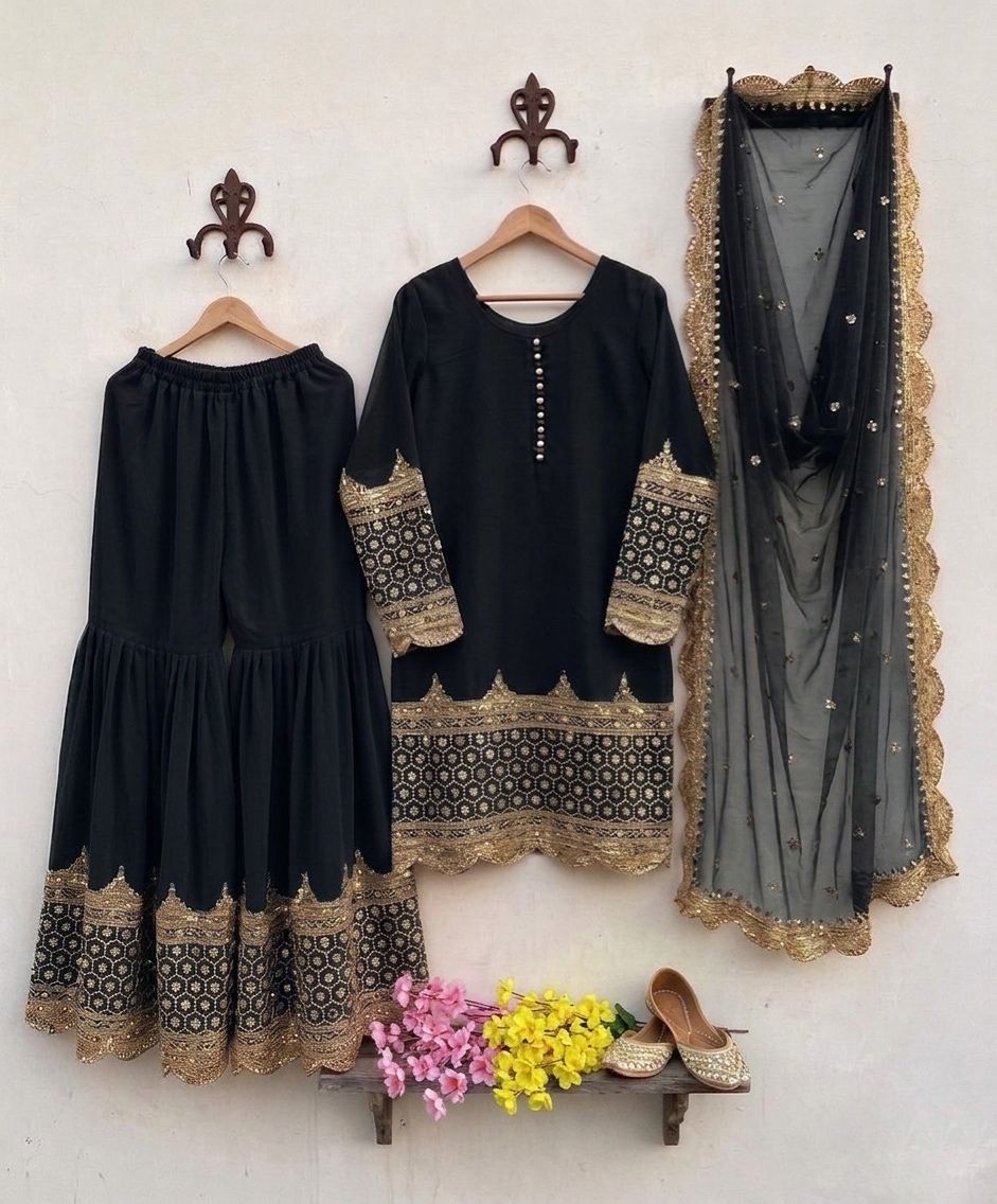 "Elegant Embroidered Sequence Designer Sharara Set"