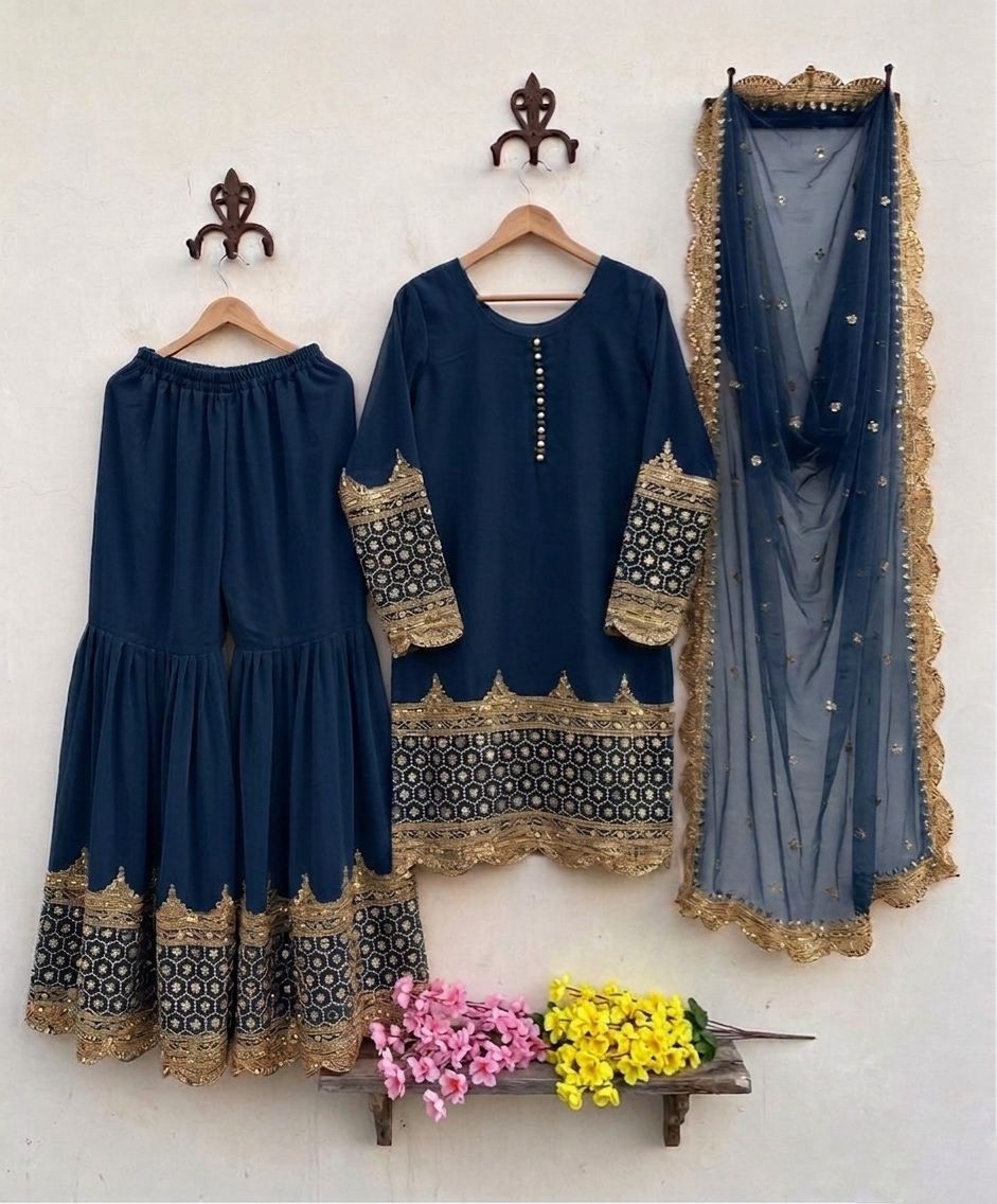 "Elegant Embroidered Sequence Designer Sharara Set"