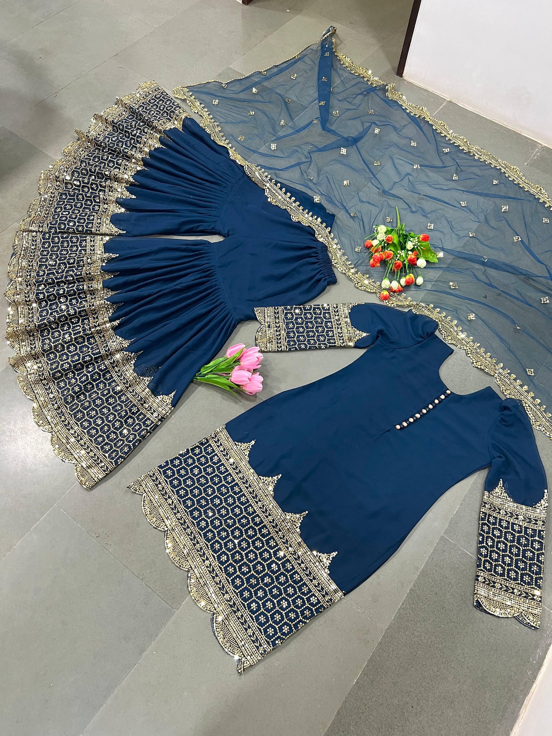 "Elegant Embroidered Sequence Designer Sharara Set"
