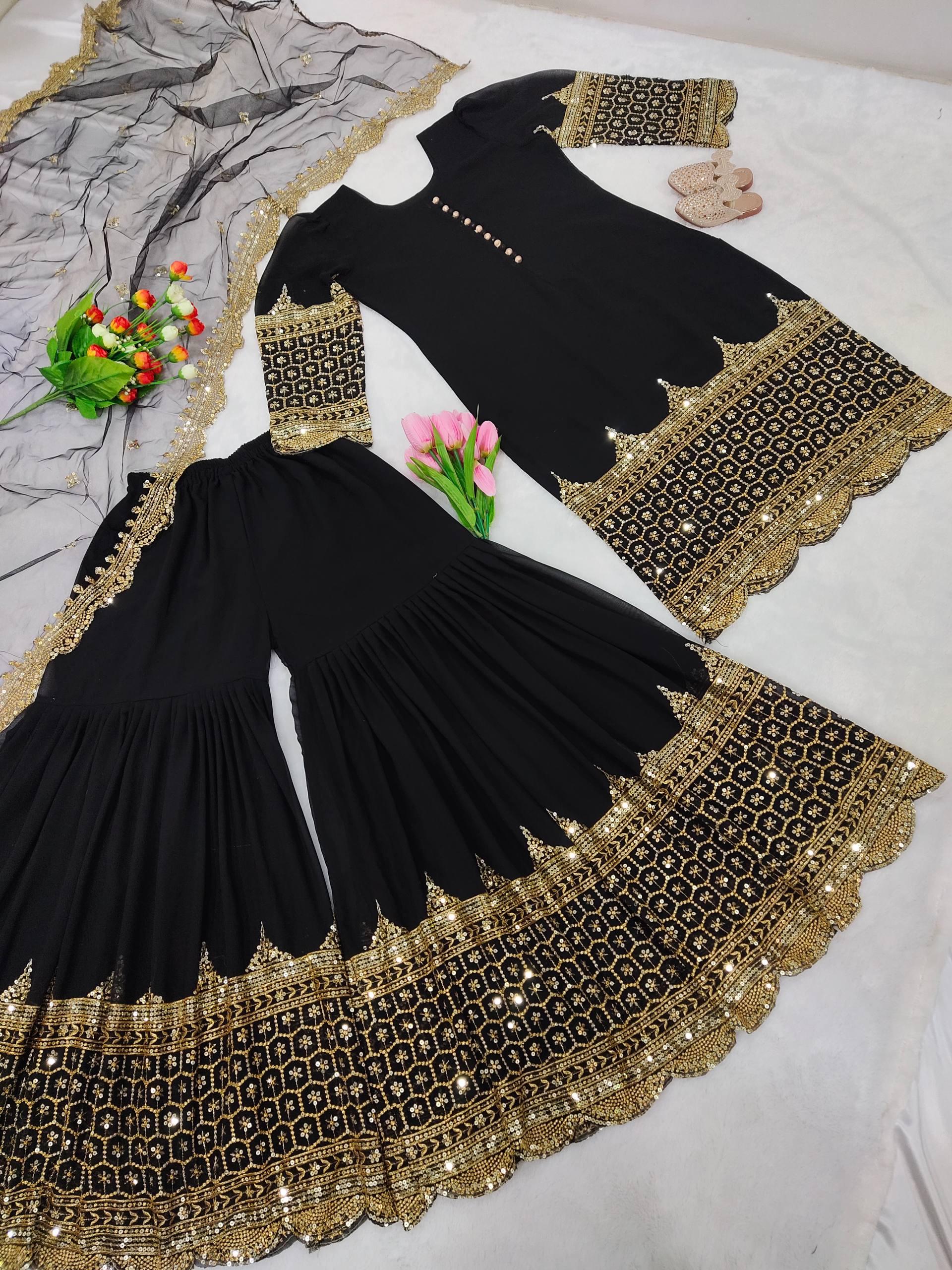 "Elegant Embroidered Sequence Designer Sharara Set"