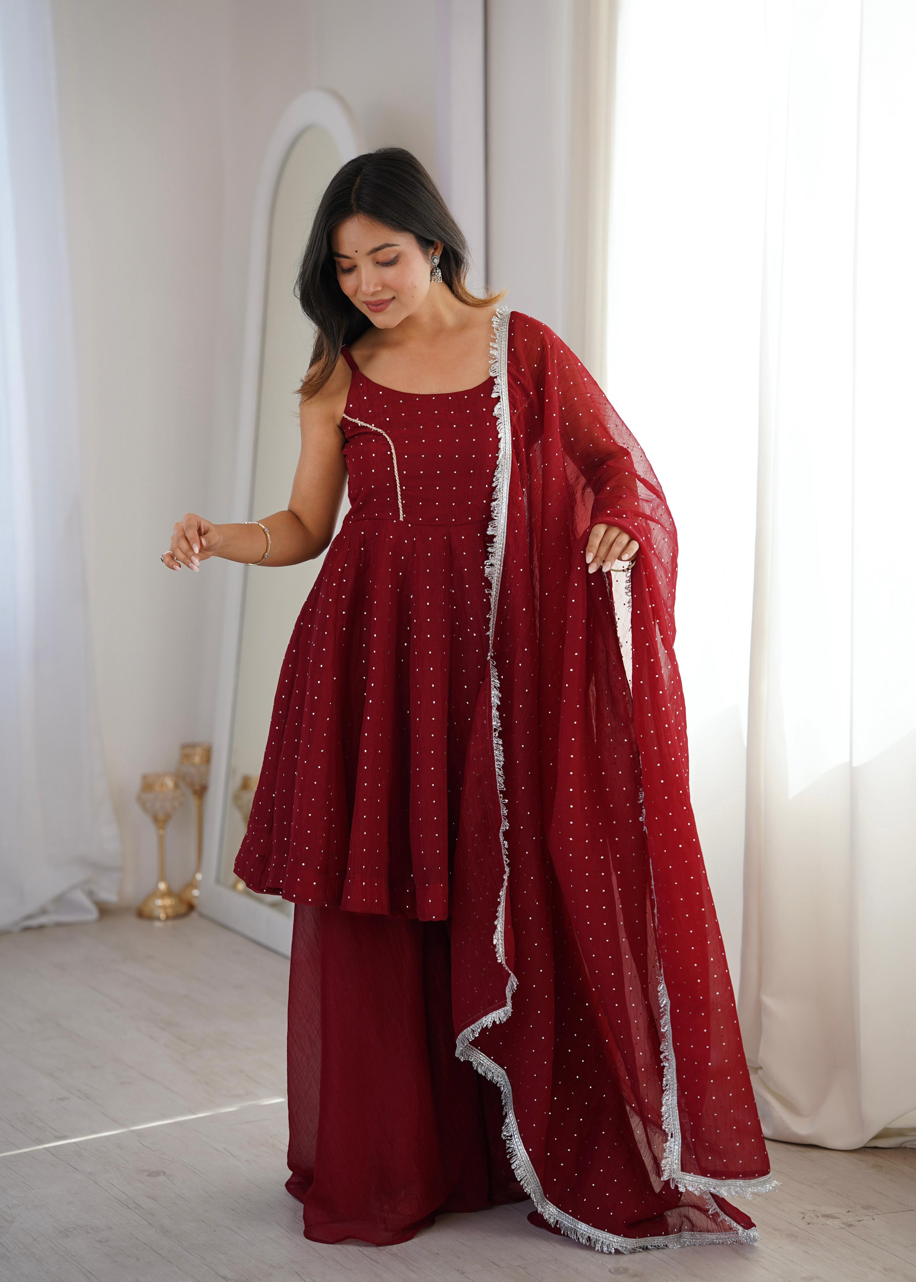 Ruby Red Embroidered Peplum Suit Set with Sharara and Dupatta