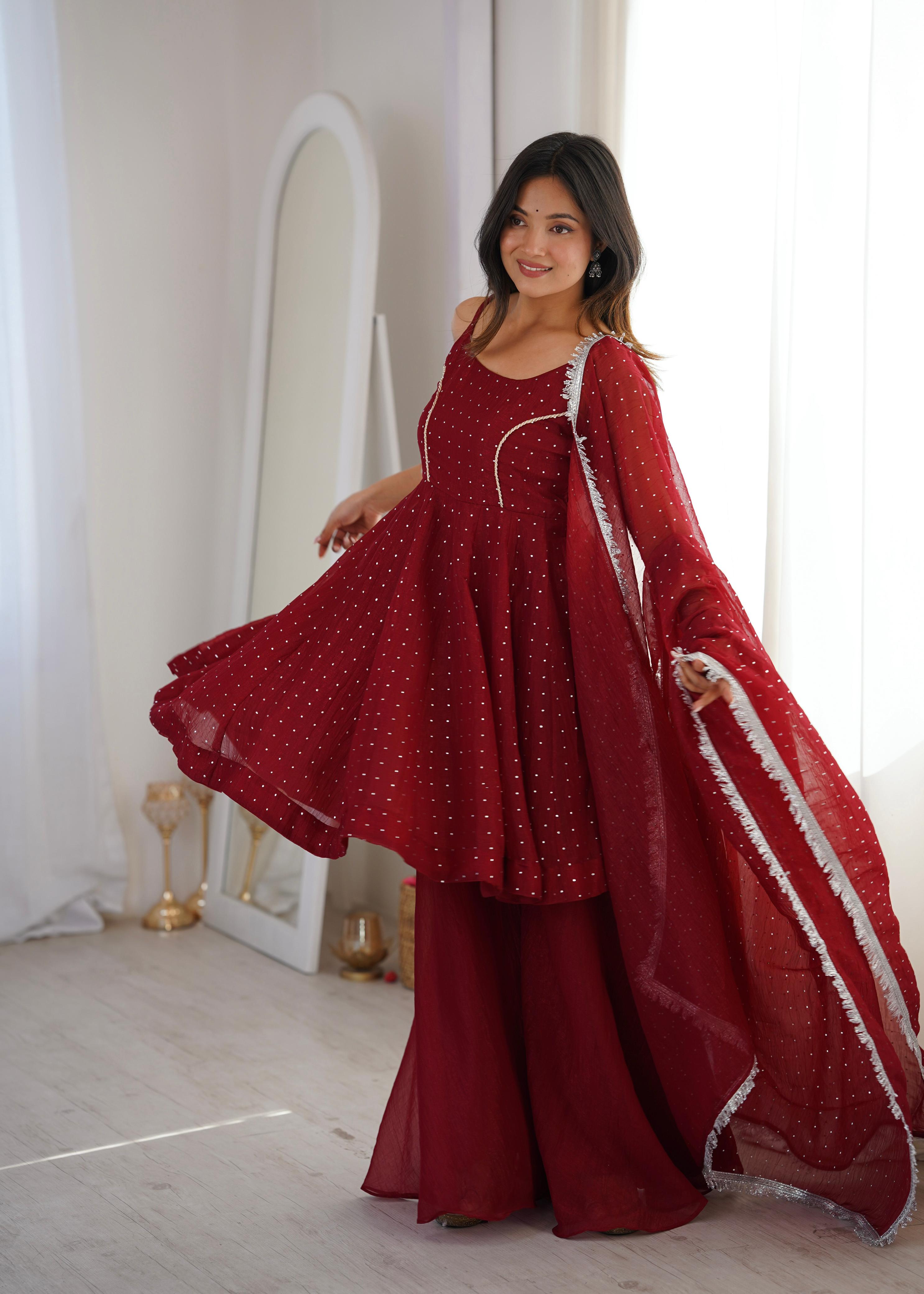 Ruby Red Embroidered Peplum Suit Set with Sharara and Dupatta