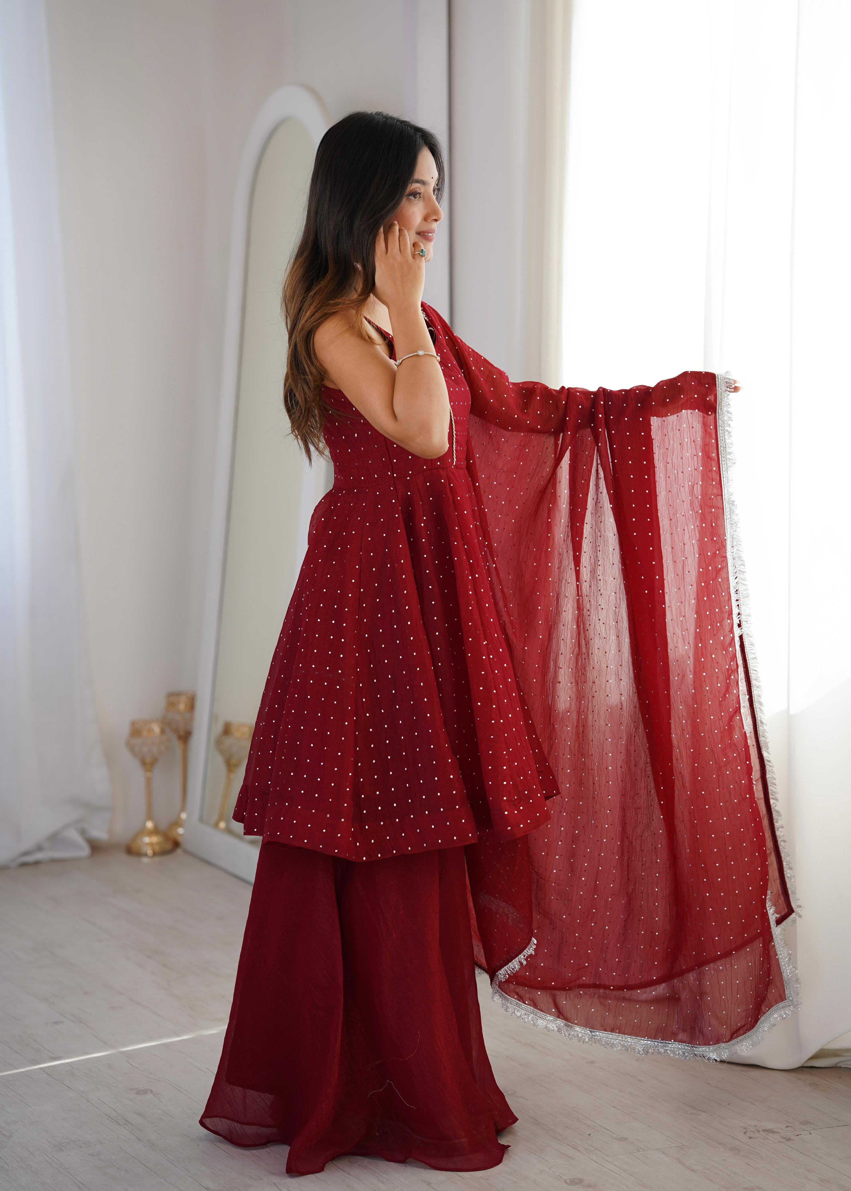 Ruby Red Embroidered Peplum Suit Set with Sharara and Dupatta