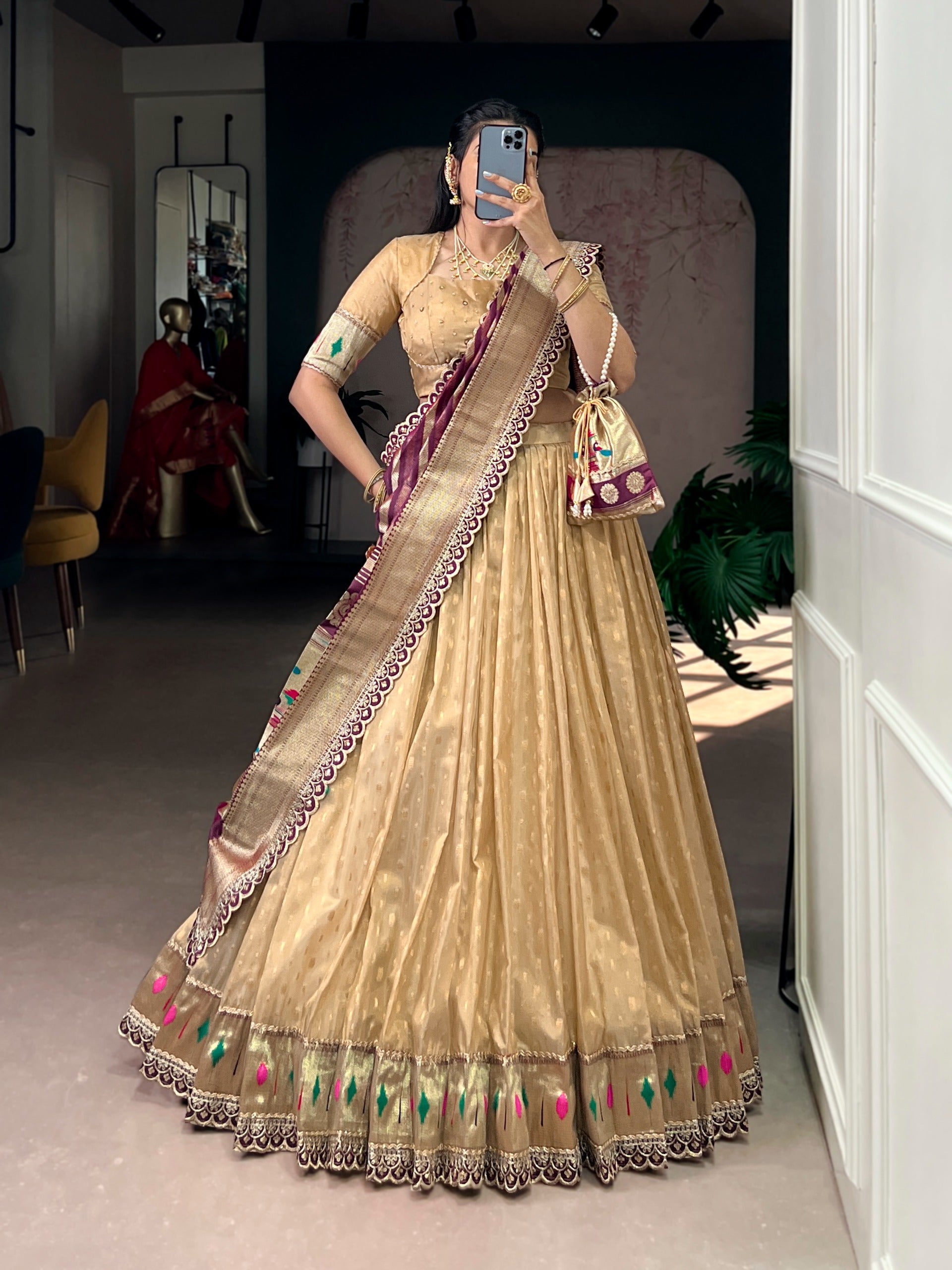 This shimmer organza Paithani lehenga choli