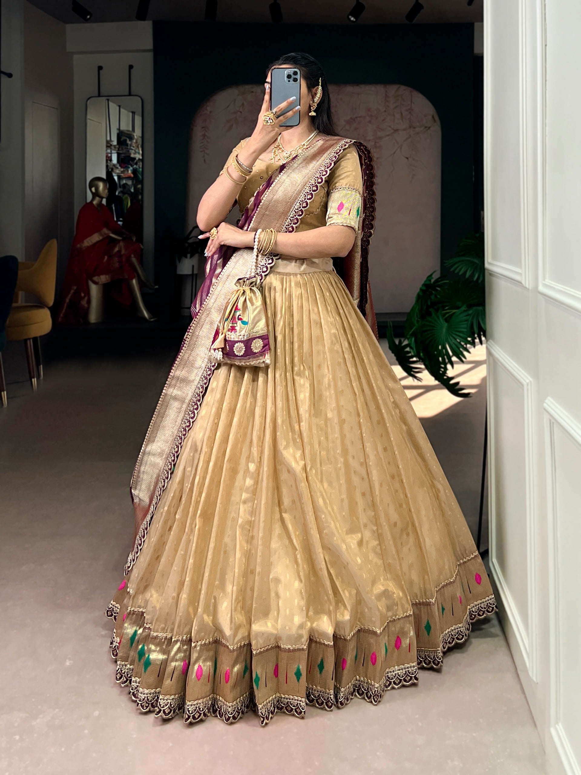 This shimmer organza Paithani lehenga choli