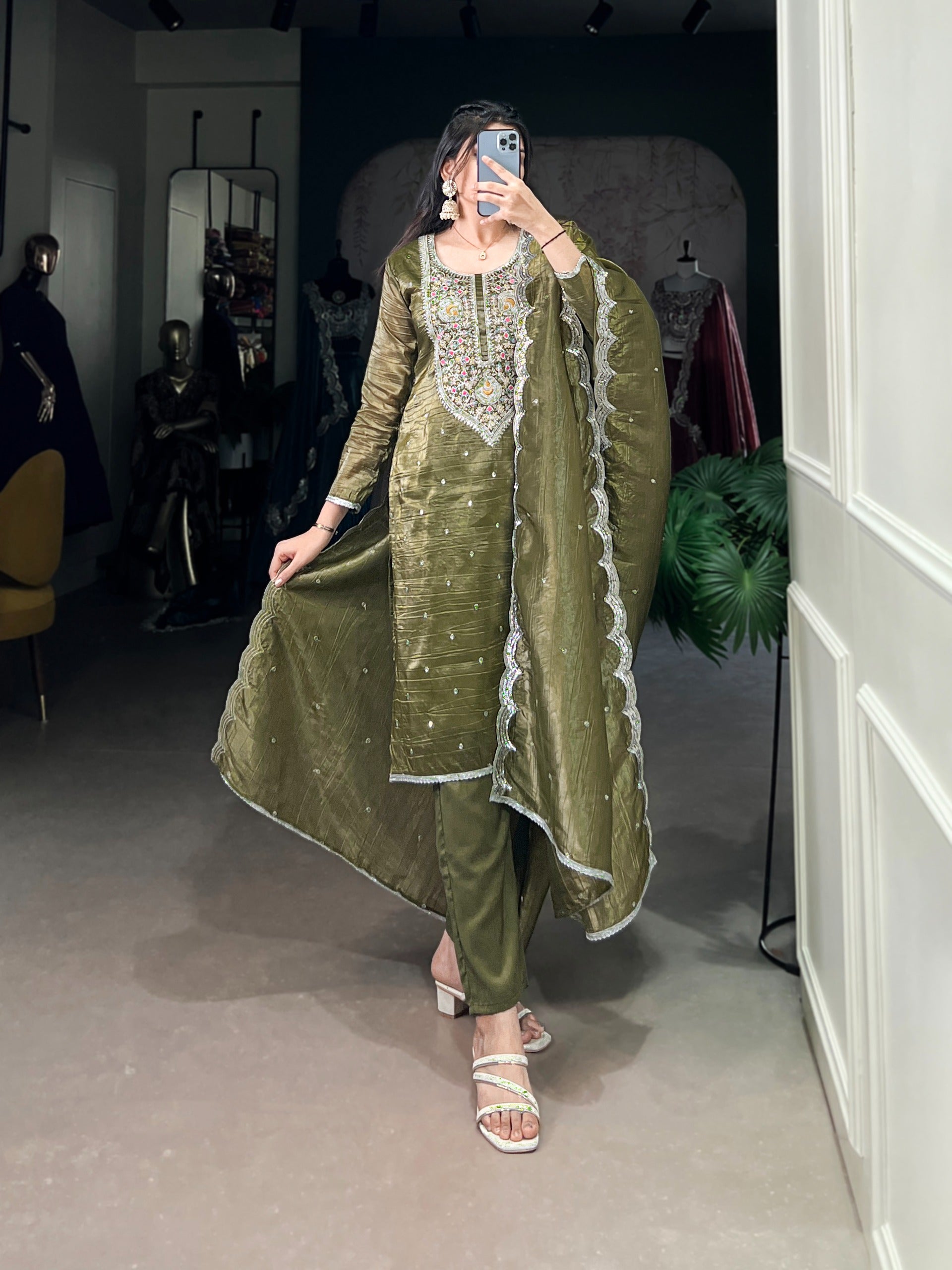 Olive Meadow Embroidered Silk Suit Set