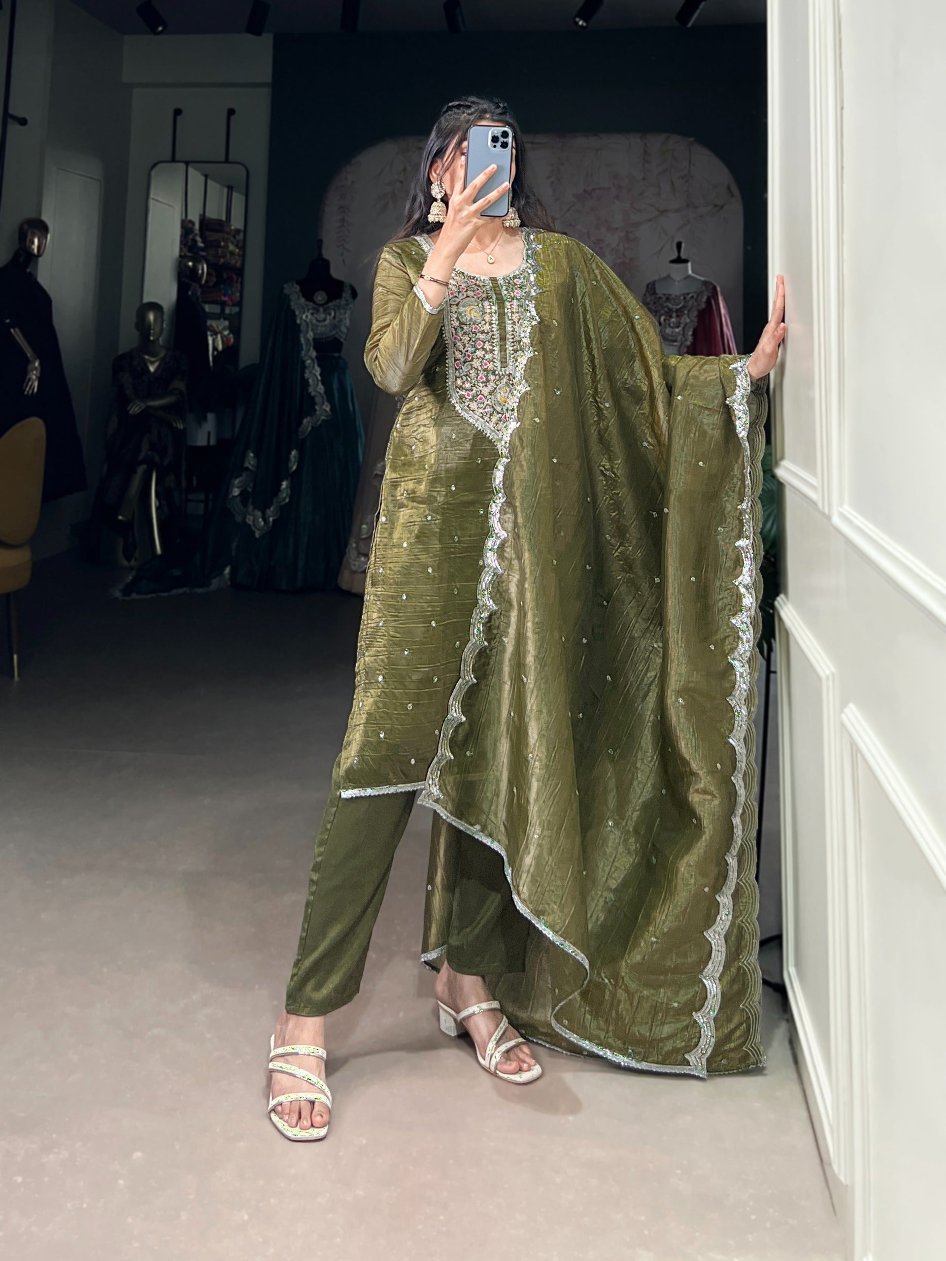Olive Meadow Embroidered Silk Suit Set
