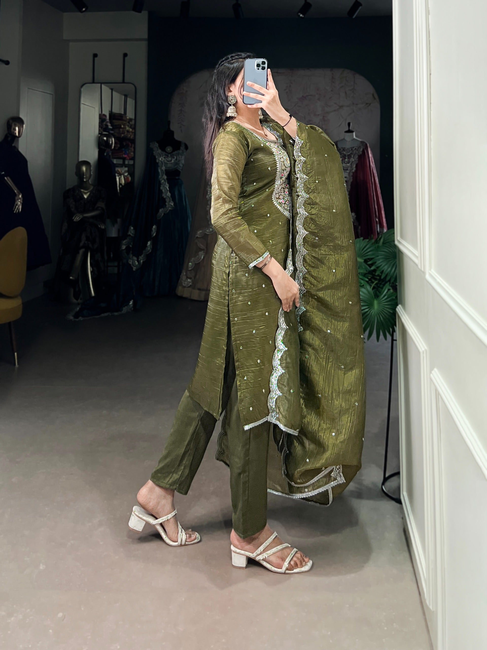 Olive Meadow Embroidered Silk Suit Set